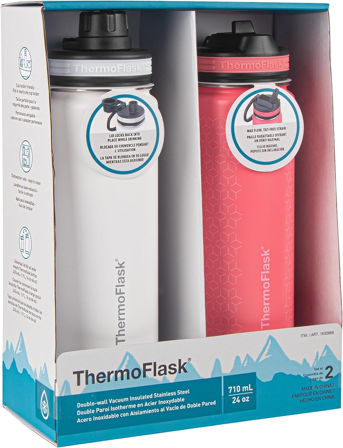 ThermoFlask Stainless Steel Water Bottles 2-Pack - Double-Wall Vacuum Insulated 24 oz BPA-Free Spout Lids - Keeps Drinks Cold 24 Hrs, Hot 12 Hrs - Leakproof, Dishwasher Safe, White/Coral - Image 2