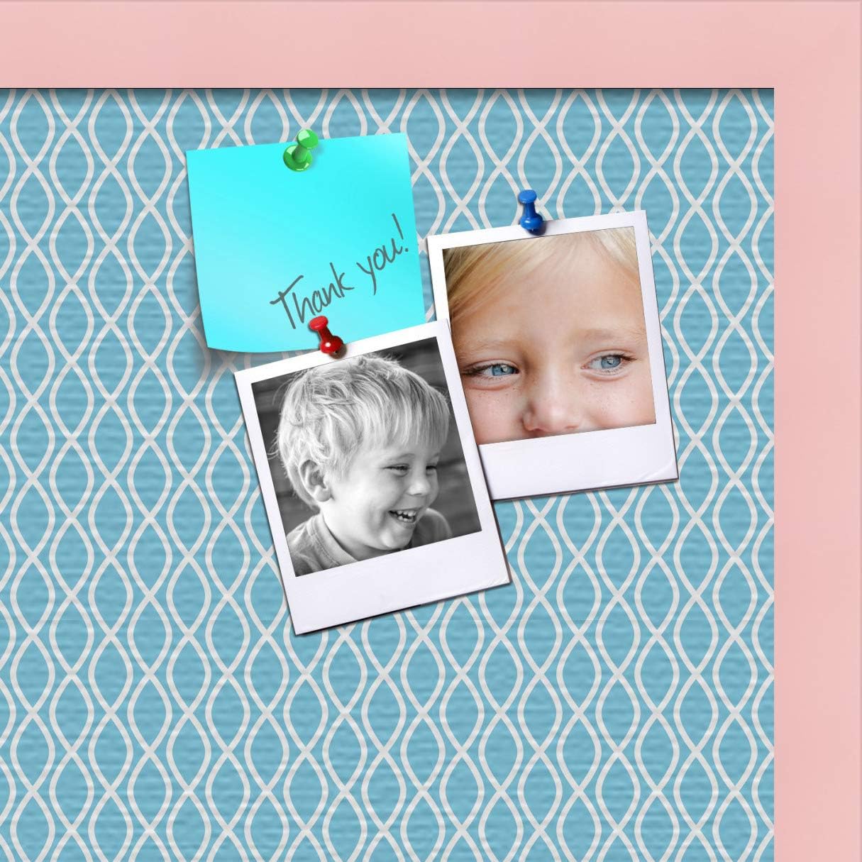 ArtToFrames 18x12 Inch Custom Cork Bulletin Board. This Waves Sky Blue Pin Board Comes with a Fabric Style Canvas Finish, Framed in Baby Pink Stain on Beechby PinPix (PinPix-245-18x12_0066-81792-YPNK)