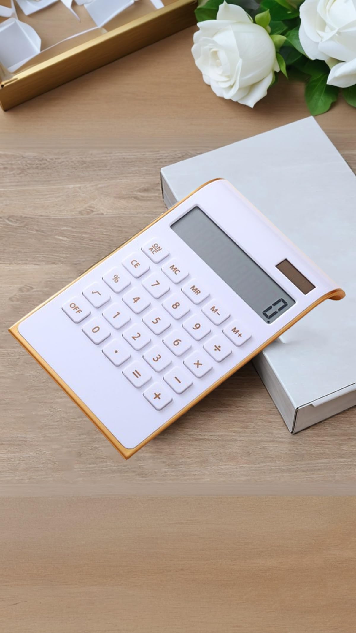 Sweet seven White Gold Calculator Desk Set - Stylish Office Accessories for Women - Standard 10-Digit LCD Display - Perfect Office Supplies