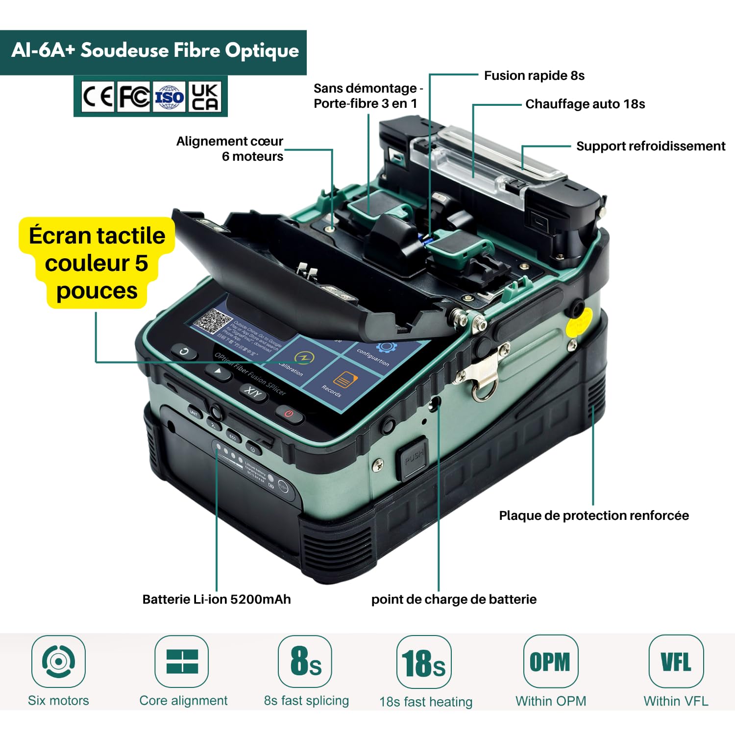 AI-6A+ Soudeuse Fibre Optique Fusion Splicer – Alignement Coeur, 6 Moteurs, OPM/VFL Intégrés | Fusion 8s, Rétreint 18s | Épisseuse de fusion Compatible SM/MM/DS/NZDS