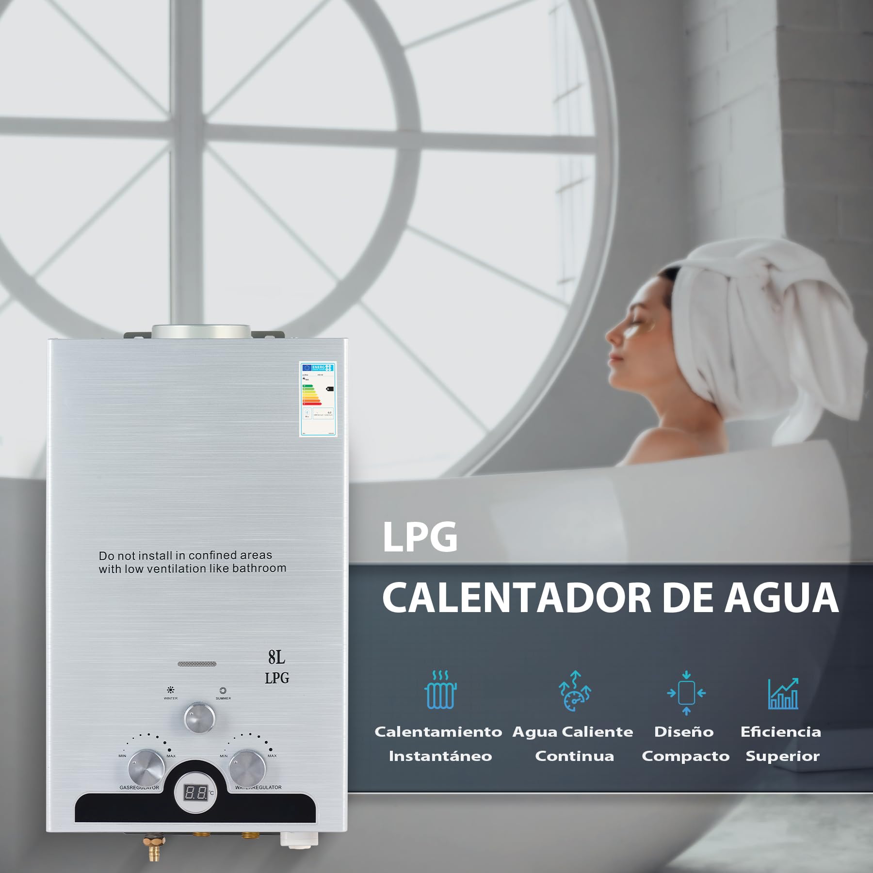 CO-Z 8L Calentador de Agua Butano Calentador de Agua LPG Instantáneo, Certificado CE, Calentador de Agua de Gas Licuado de Petróleo sin Tanque