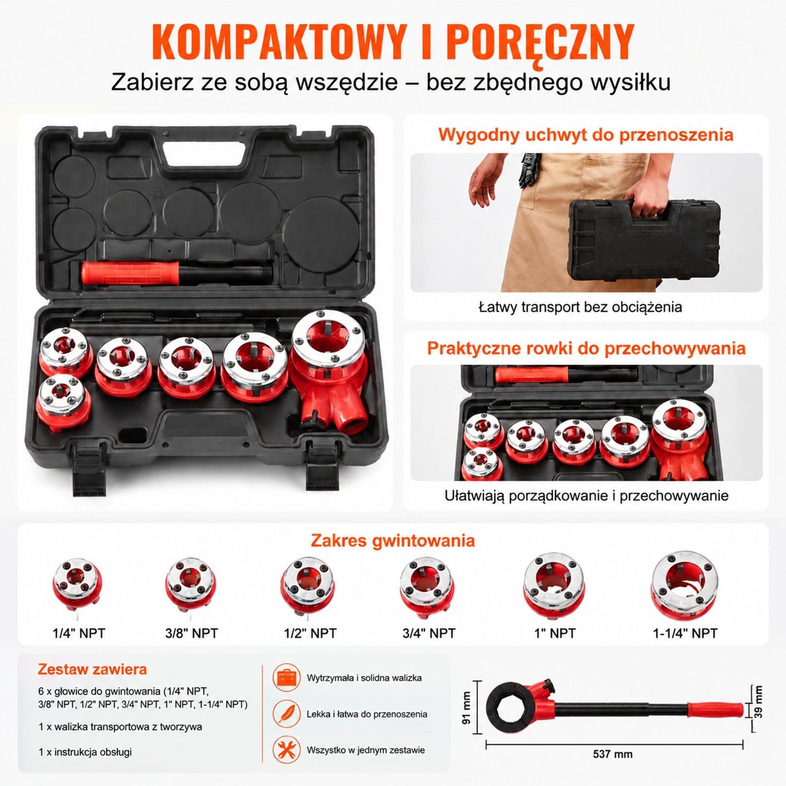 6-częściowy ręczny zestaw do gwintowania rur z grzechotką, matryce NPT i walizka do hydrauliki, budowy, aluminium, żelaza, miedzi