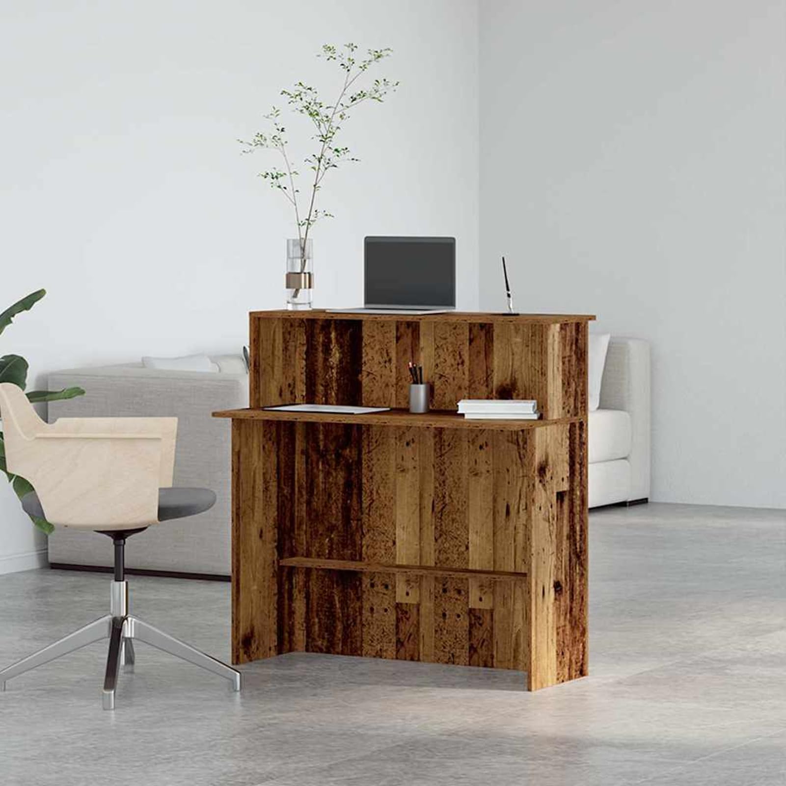 Gecheer Bancone Reception Legno Antico, Bancone Integrato con Ripiano per Archiviazione, 100x50x103,5 cm, Truciolato, per Uffici Aziendali, Hotel, Cliniche Mediche e Saloni di Bellezza
