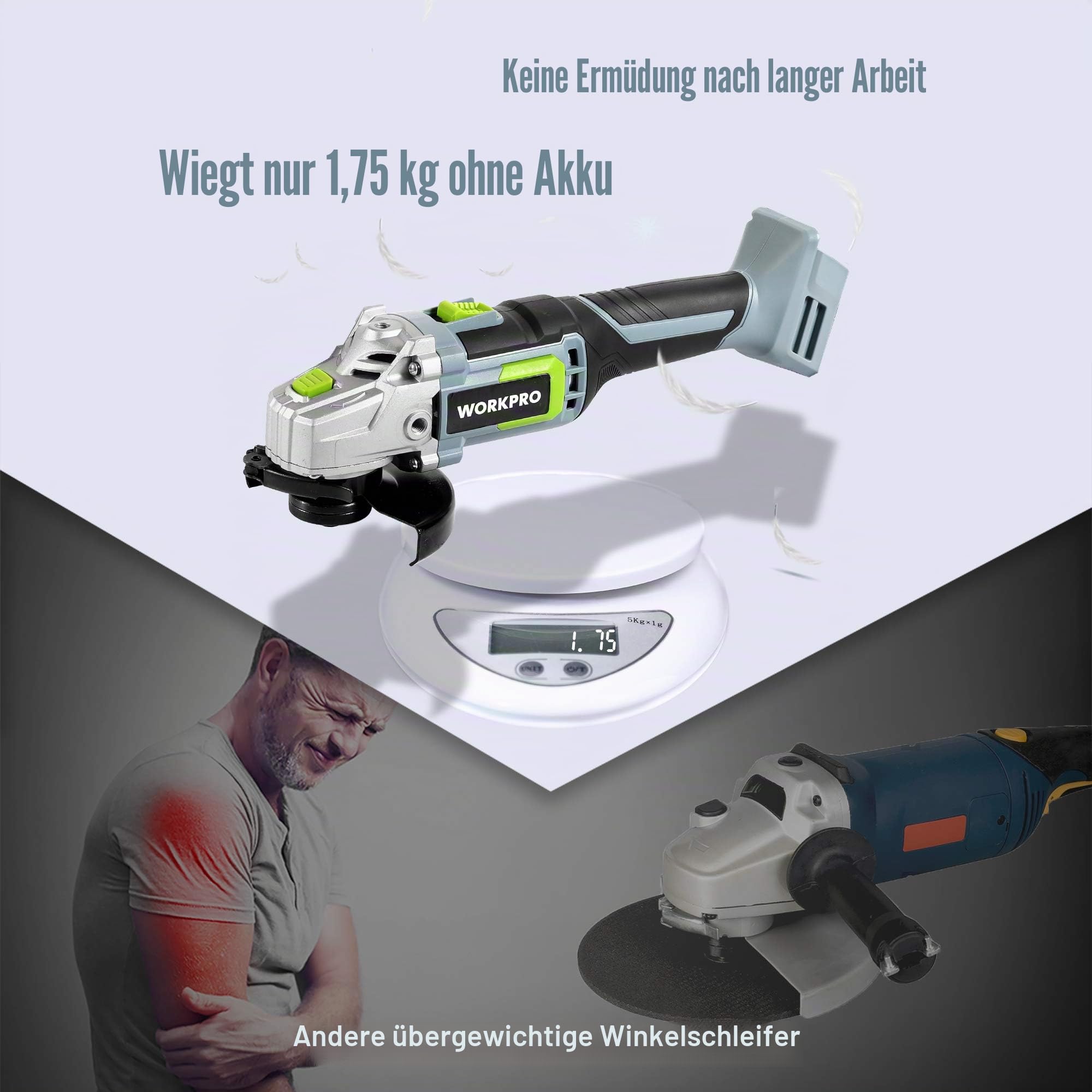 WORKPRO Winkelschleifer, kabellos, 20 V, mit Akku 4,0 Ah, Ø125 mm, elektrischer Schleifer, kabellos, leicht, mit 5 Trennscheiben, 2 Schutzkappen, Schnellladegerät und Hilfsgriff | elektrischer Schleifer, kabellos, leicht, mit 5 Trennscheiben, 2 Schutzkapp