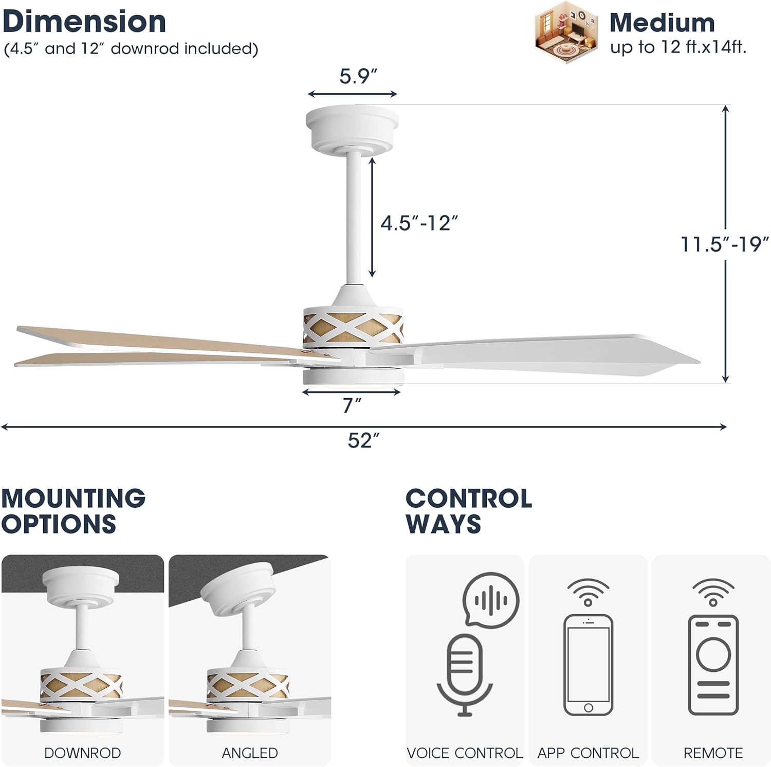 WINGBO 52" Smart Ceiling Fan with Lights, White/Oak Blades, 6 Speeds Reversible DC Motor, Works with Alexa and Google Assistant, 3CCT Dimmable LED Ceiling Fan for Bedroom Living Room, White Finish