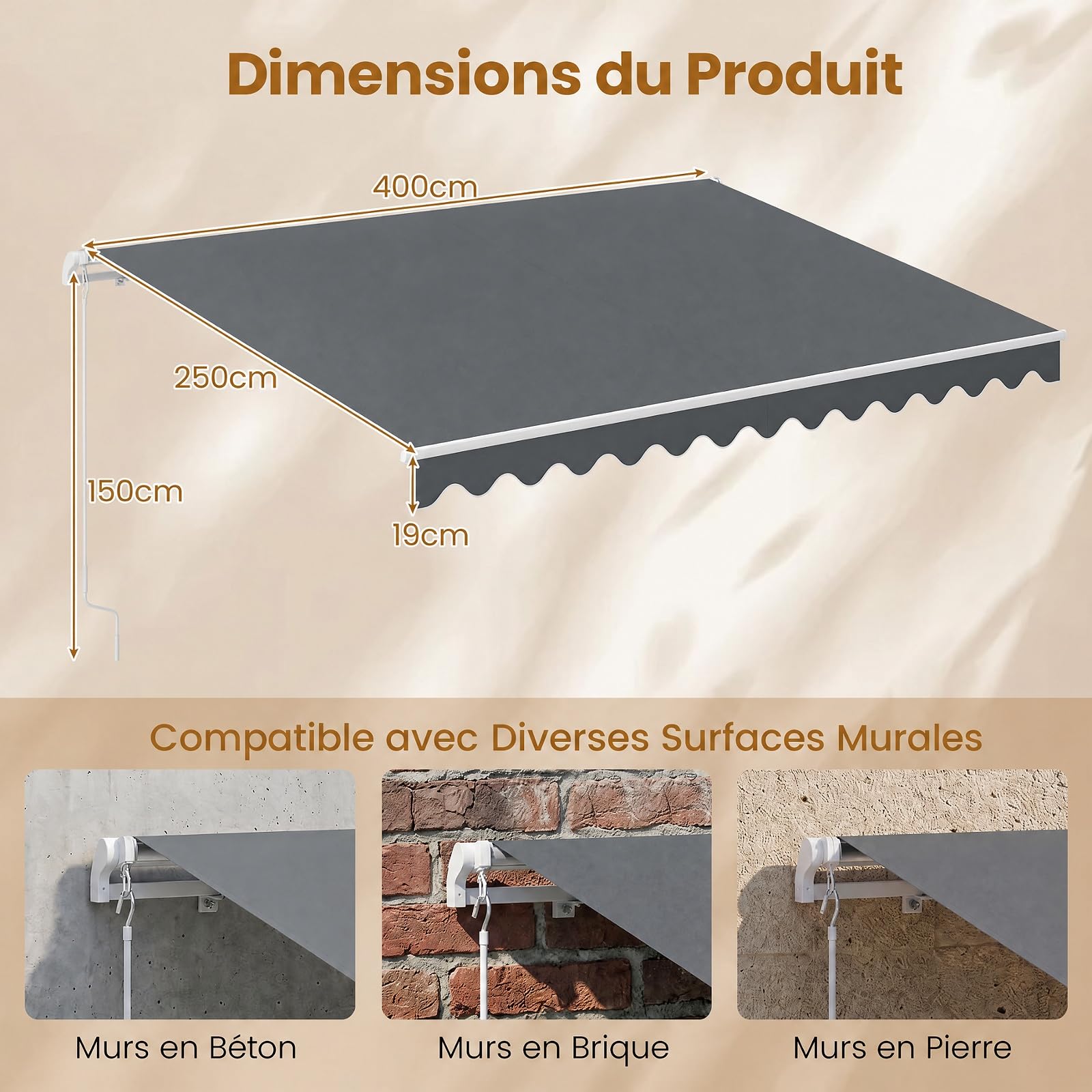 COSTWAY Store Banne de Manuel Rétractable de 4 x 2,5M Angle Réglable 5-35°, Auvent de Terrasse avec Tissu Résistant aux UV et à l'eau Cadre en Aluminium, pour Jardin Terrasse (Gris)