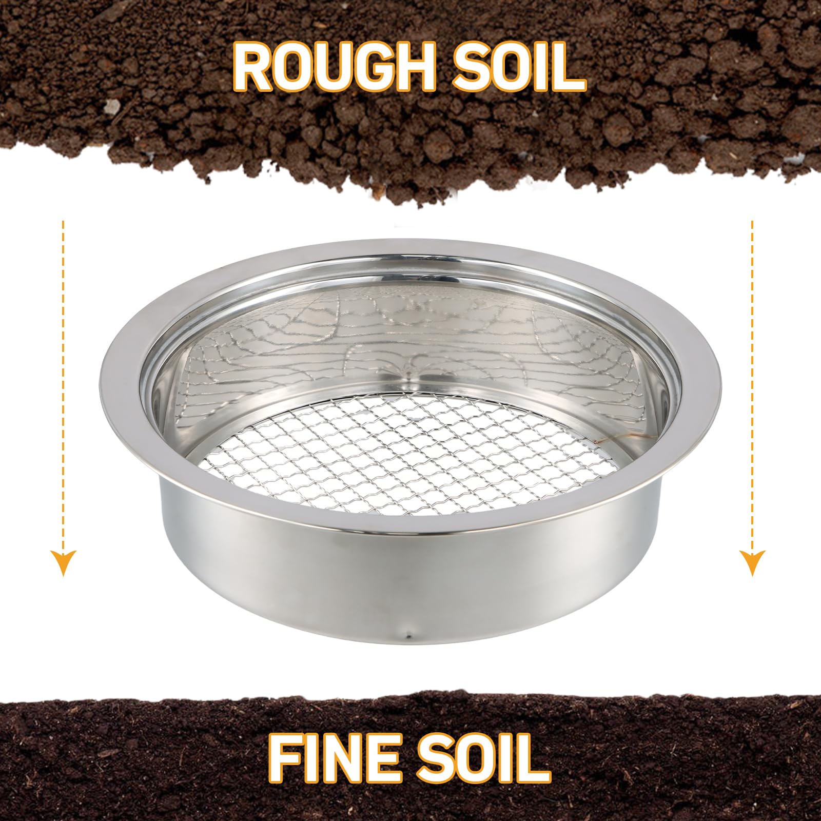 Setaccio Giardino, Colino da giardino in acciaio inox, Setaccio da giardino 3 in 1 in acciaio inox, con 3 Inserti Intercambiabili 3mm 6 mm 9 mm Setaccio Rotondo in Acciaio Inox, Setaccio per Compost