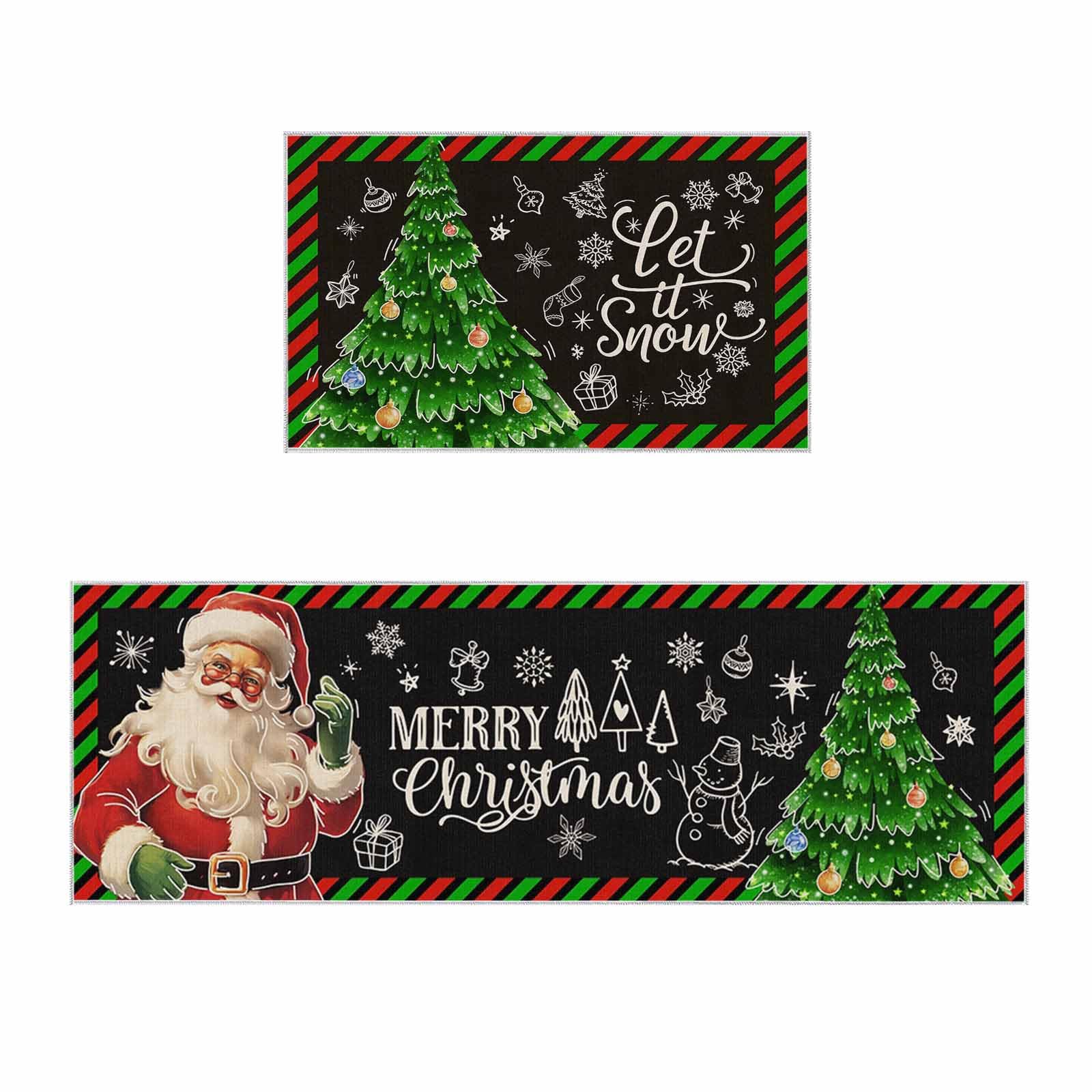 Livencher Washable Kitchen Mats 2 Piece Set - Non-Slip Absorbent Kitchen Mat and Rug - Hand Painted Watercolor Christmas Tree Black Comfort Floor Mats Kitchen Rugs for Laundry Room Sink