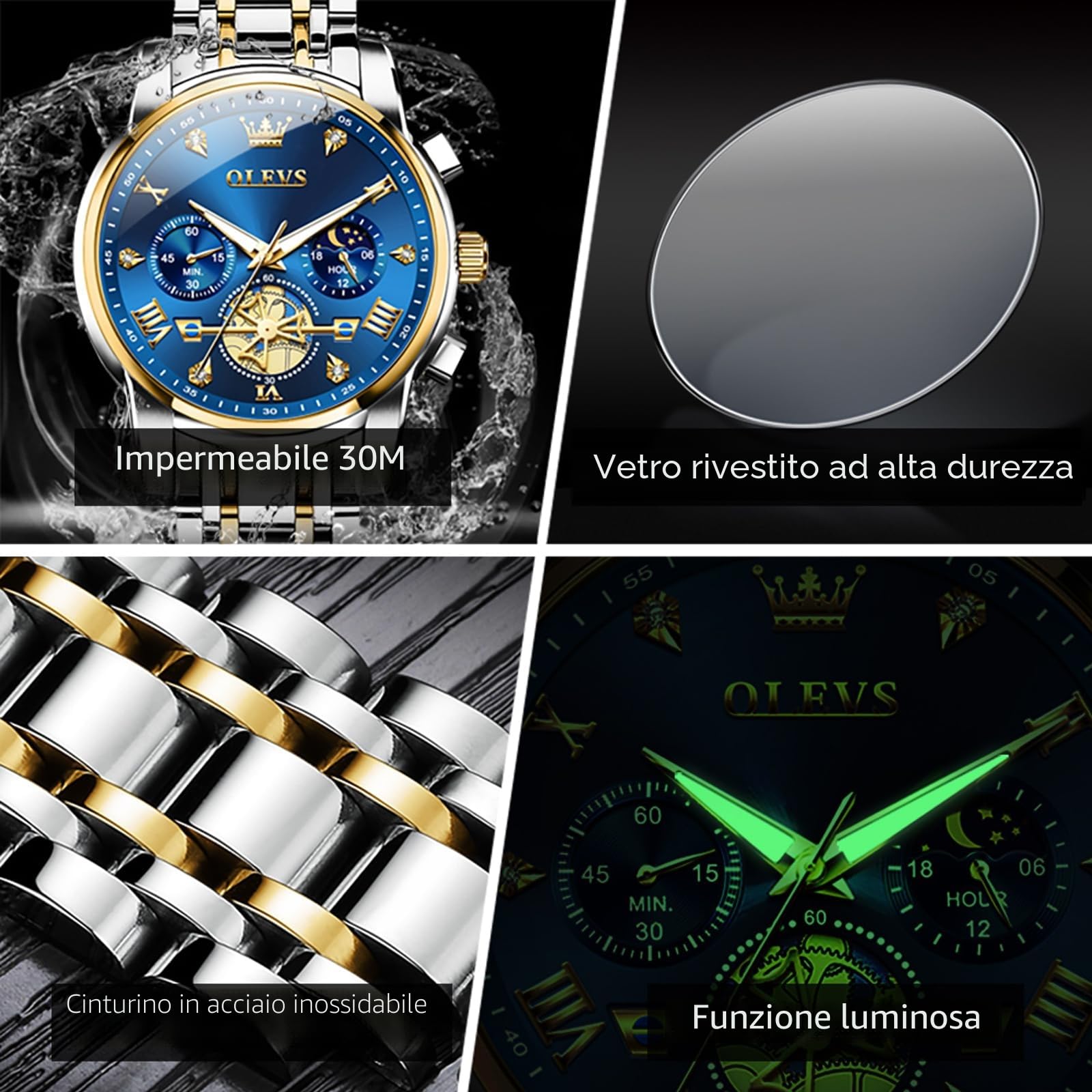 OLEVS Orologio da uomo con codice temporale, cinturino in acciaio inossidabile, impermeabile, multi funzionale, orologio da lavoro, al quarzo, rotondo, lussuoso, per uomo