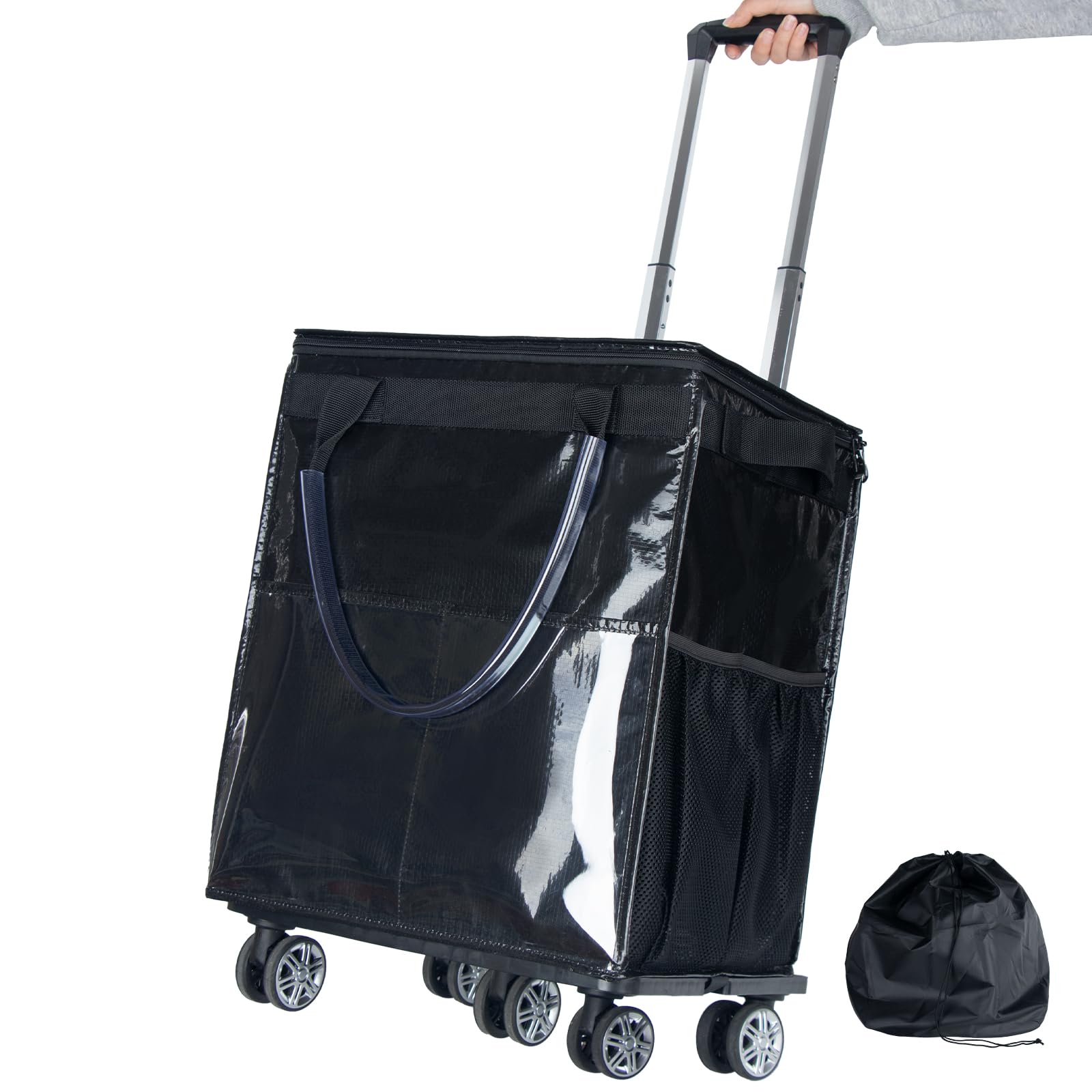 Reusable Grocery Bags on Wheels, Rolling Tote Bag, Portable Shopping Cart for Groceries with Wheels and Drawstring Bag, Trolley, 54L, Foldable, Black
