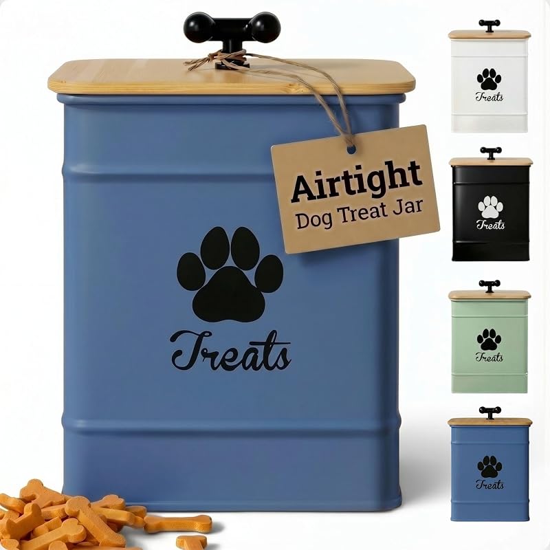 Pote hermético para petiscos de cães em ferro azul com tampa de bambu HB Design Co., 12 xícaras