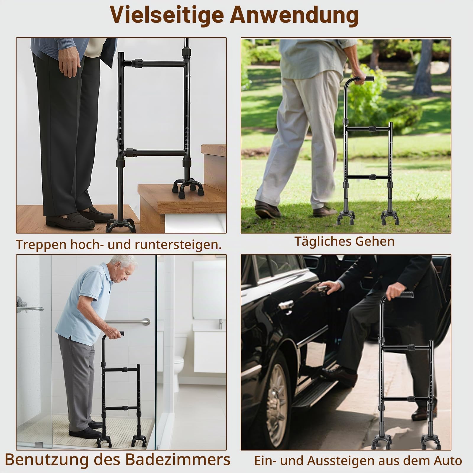 Gehstock, Treppensteighilfe Krücken Gehhilfe Stock Gehhilfe für Senioren Höhe (85-115CM) und Breite(22-36CM) Einstellbar Vierbeinige Basis Vielseitiges Gehstock Treppensteighilfe 2-in-1 Design