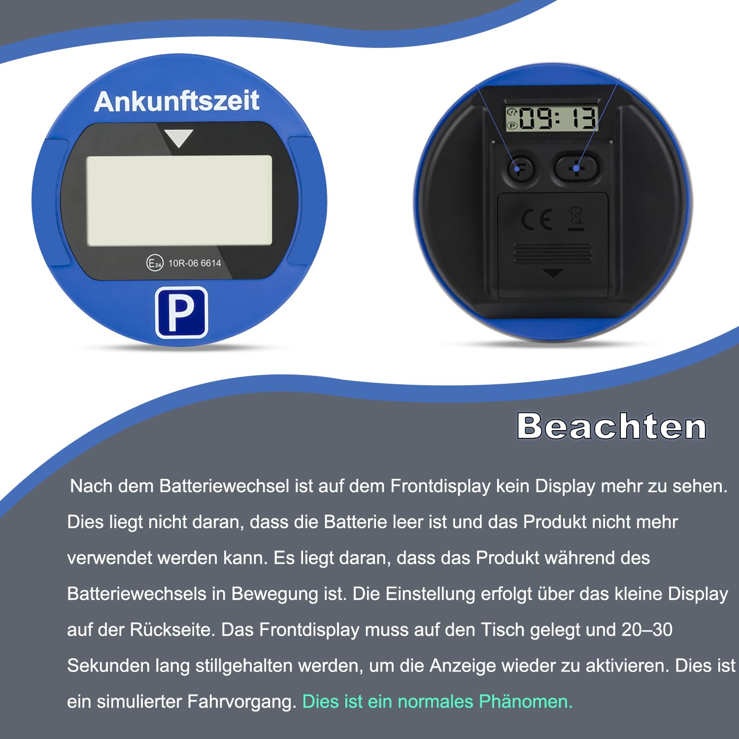 TEOV Elektronische Parkscheibe mit Zulassung KBA fürs Auto - Digitale Parkuhr mit Nachtmodus und Taktungseinstellung, Großer Bildschirm, präzise Zeitmessung, Rund. Blau oder Schwarz