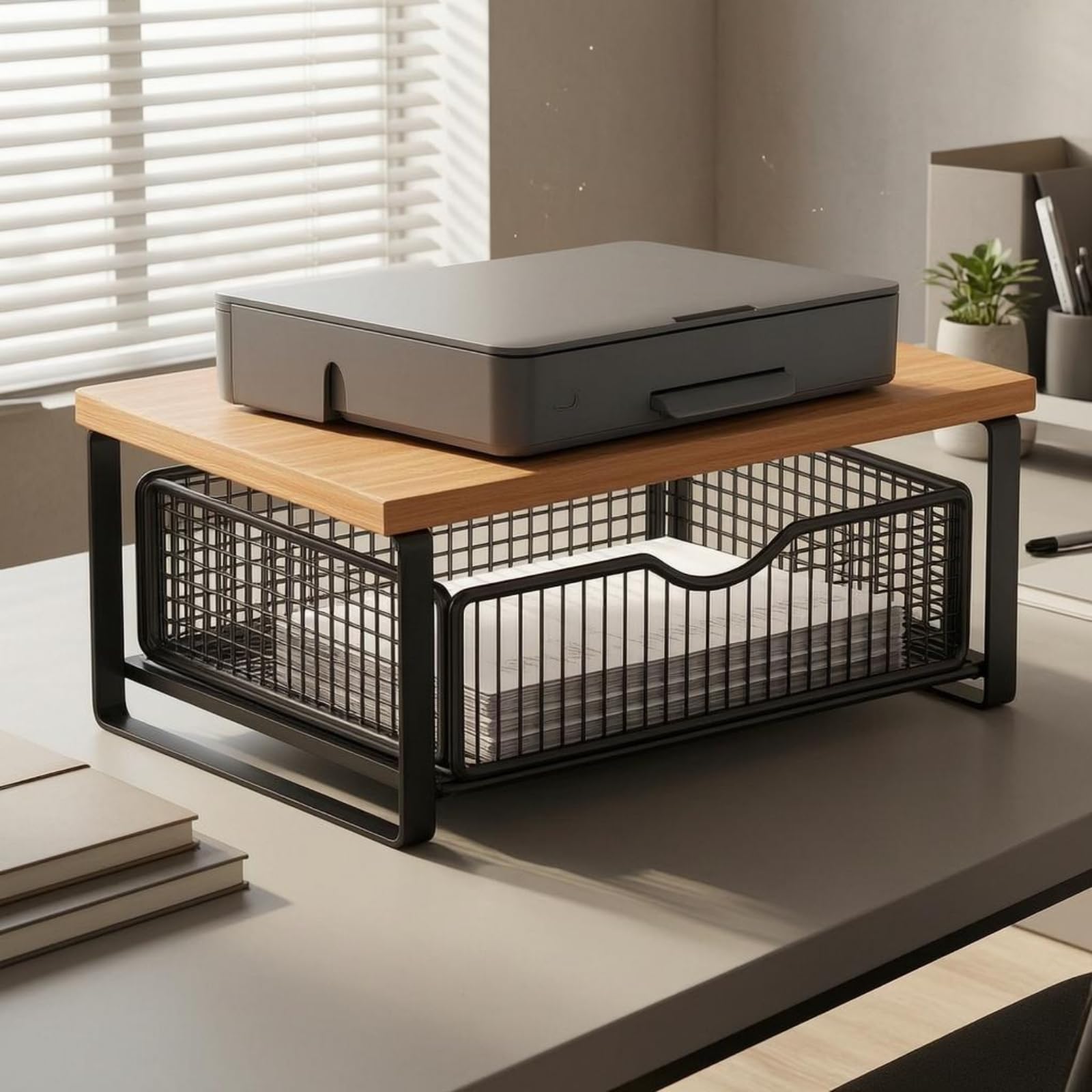 Organizer Scrivania Doppio Livello 2 Livelli Portaoggetti Cassetto Rete Struttura in Metallo Portaoggetti Multifunzione, Stile Nero, Noce, Con Cassetto, Rialzato Senza Installazione