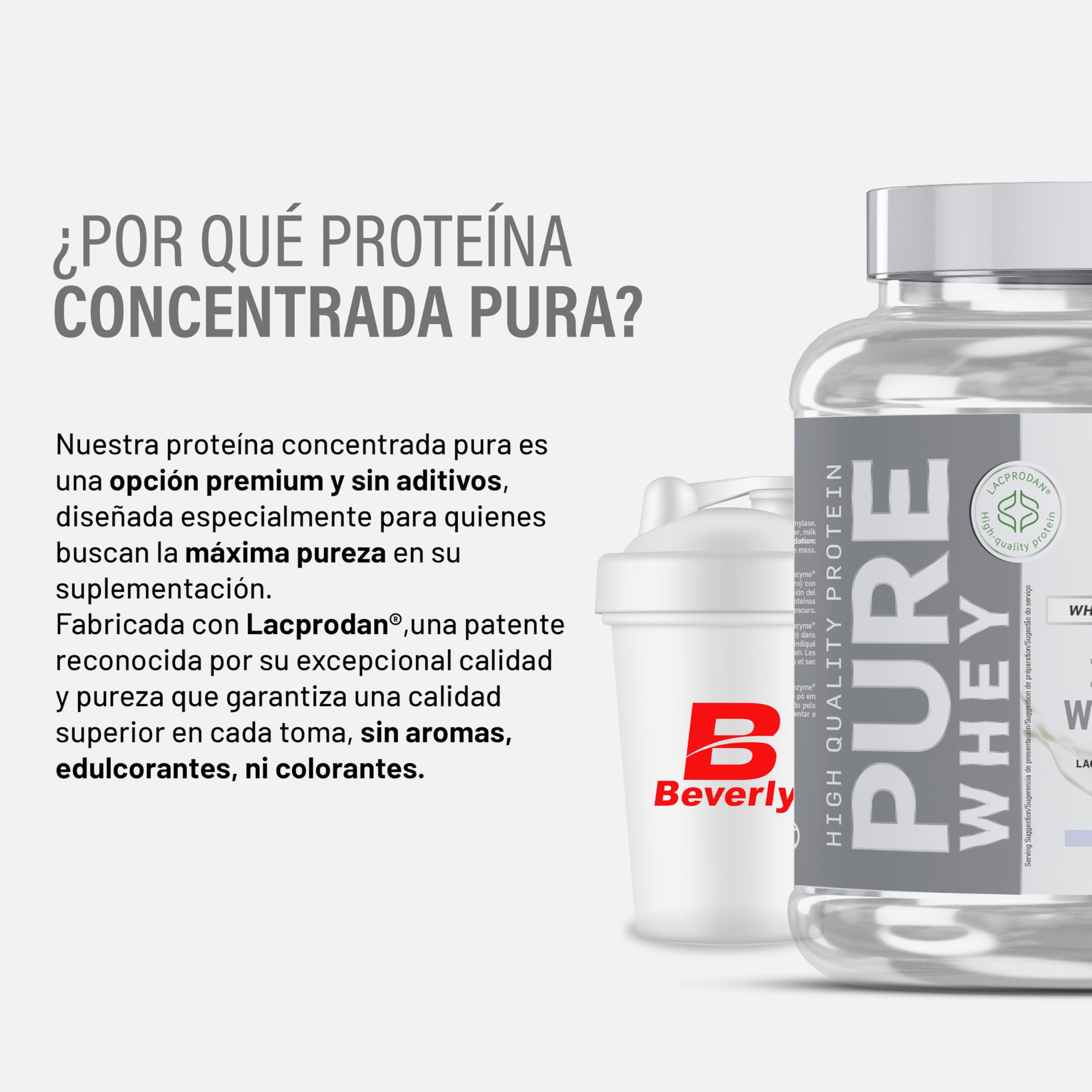 Beverly PURE WHEY | Concentrado Puro de Proteína de Suero Premim | Sin Aromas ni Colorantes | 1 Kg | 28 g de proteína por ración | 28 servicios | Con Digezyme y Tolerase