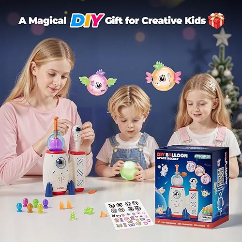 Miniatura 6 de PINSHILE Kit de manualidades de globos mágicos espaciales, globos decorados con calcomanías para niños, bomba de aire de cohete divertido con