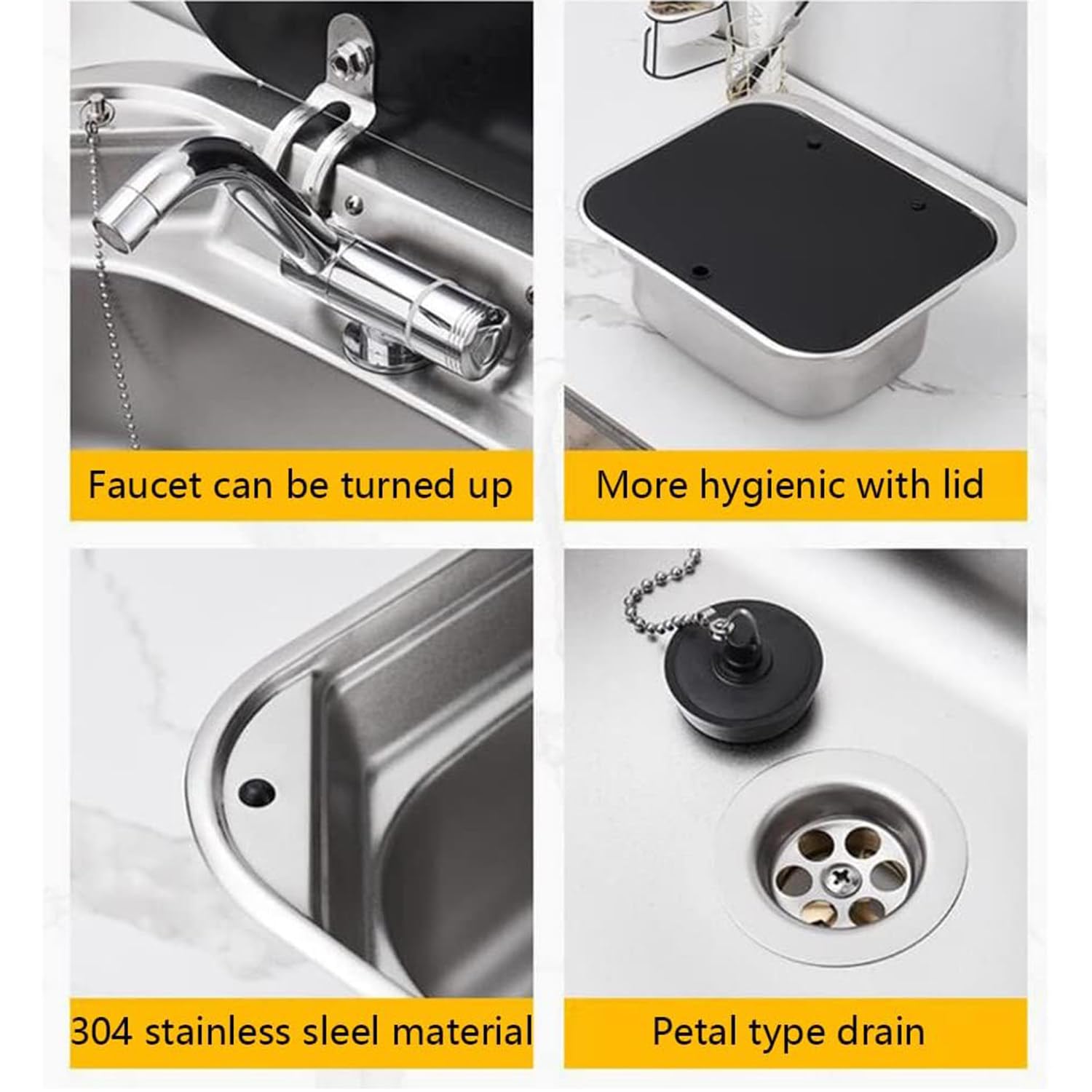 Fregadero de acero inoxidable para caravana, lavabo redondo con grifo plegable y tapa, para cámper, caravana, bar húmedo, cafeterías
