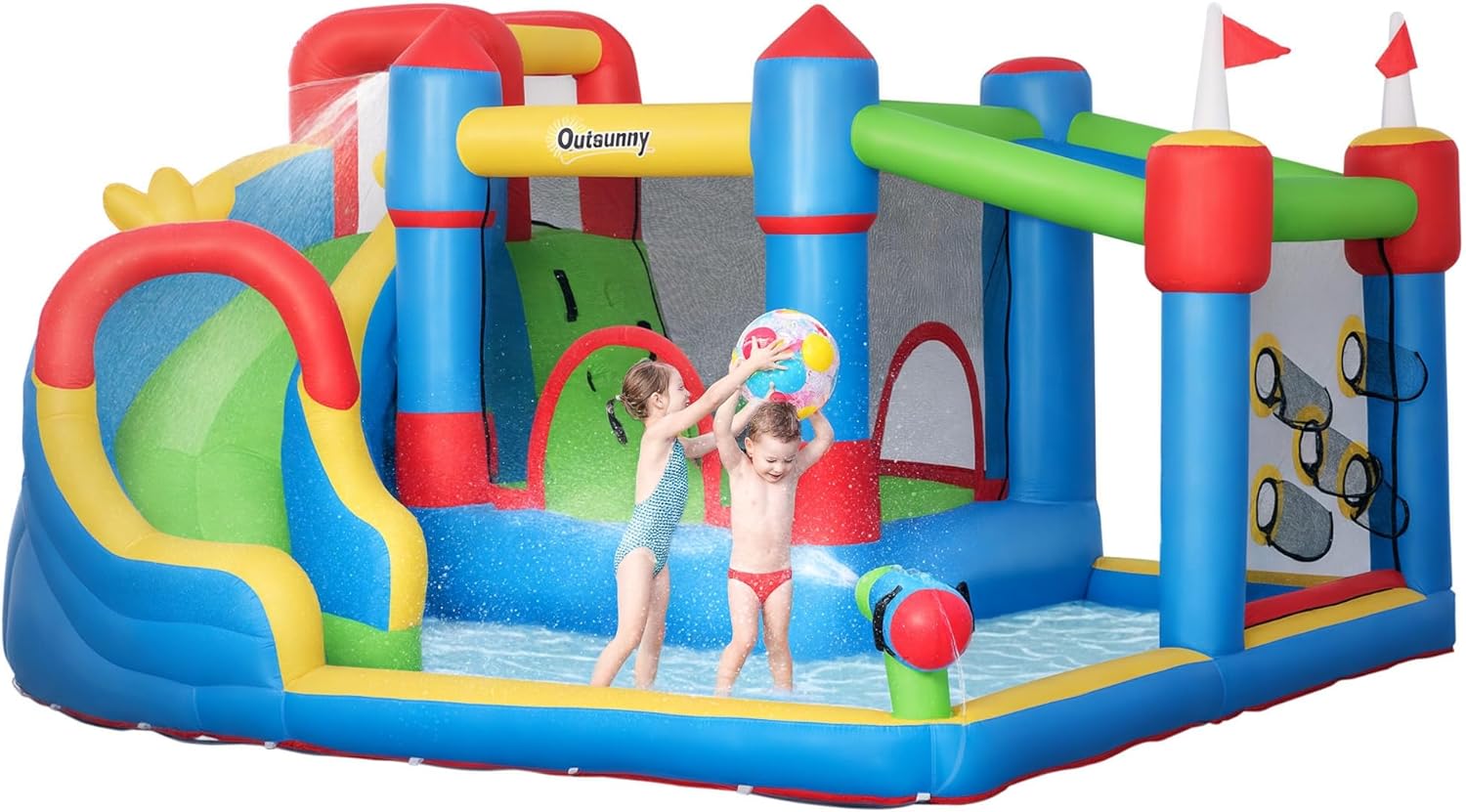 Outsunny 6-in-1 Inflatable Water Slide with Splash Pool, Slide, Climbing Wall, Water Cannon, Inflatable Bounce House for Kids with 2 Min. Inflation