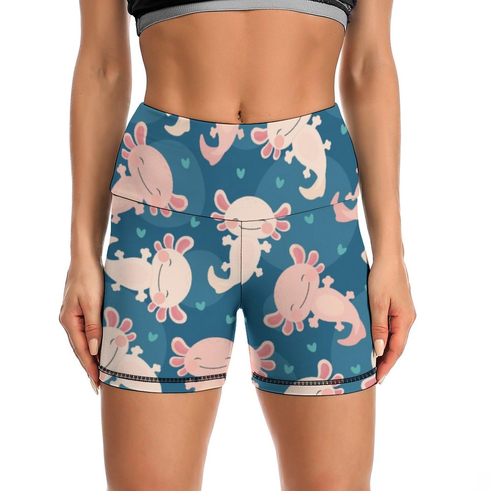 JYYAU Cute Axolotl Kawaii Pattern High Waist Yoga Shorts for Women Athletic Shorts Leggings Running Pants Black