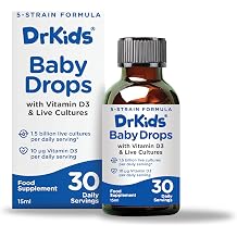 Dr. Kids Baby and Kids Probiotic Vitamin D Drops, Unflavored, 0.5 fl oz | Baby Probiotic Drops with Vitamin D3, Pediatrician Recommended For Infant &amp; Child Gut Health, Reduce Gas, Colic &amp; Fussiness