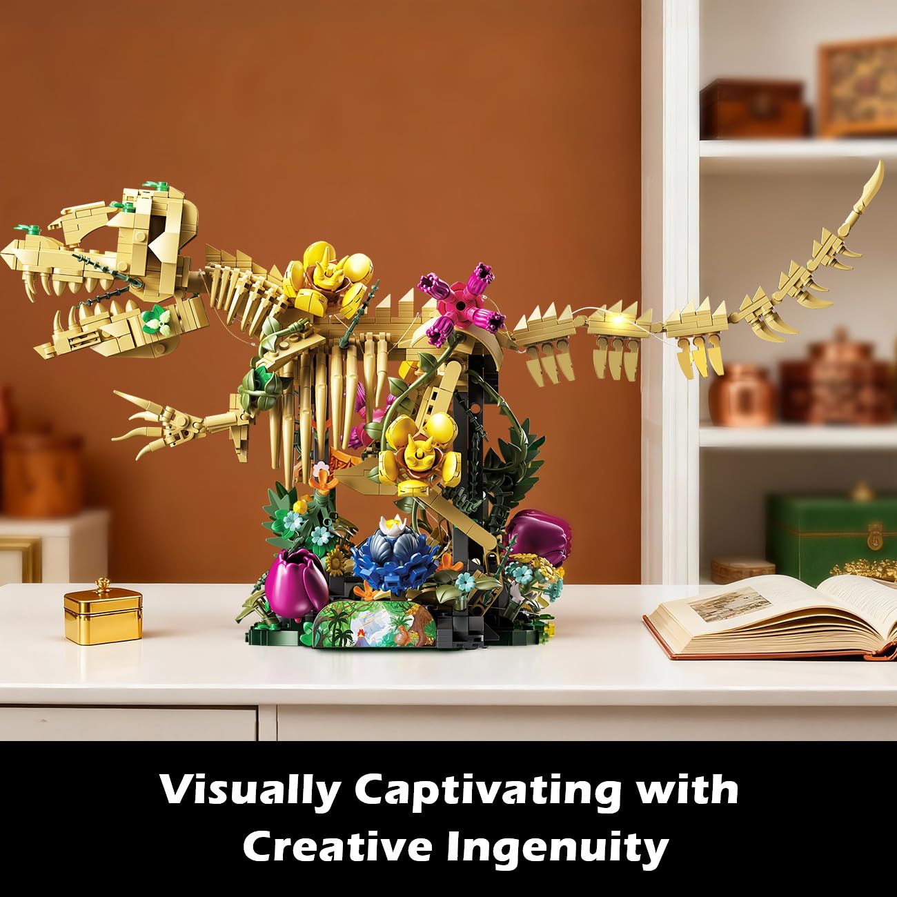 CUBIMANA Fossile de Dinosaure avec Fleurs et lumière LED, 1185 PCS Jeu de Construction botanique Dino, Maquette de Squelette pour décoration intérieure, Cadeau pour Adultes et Adolescents