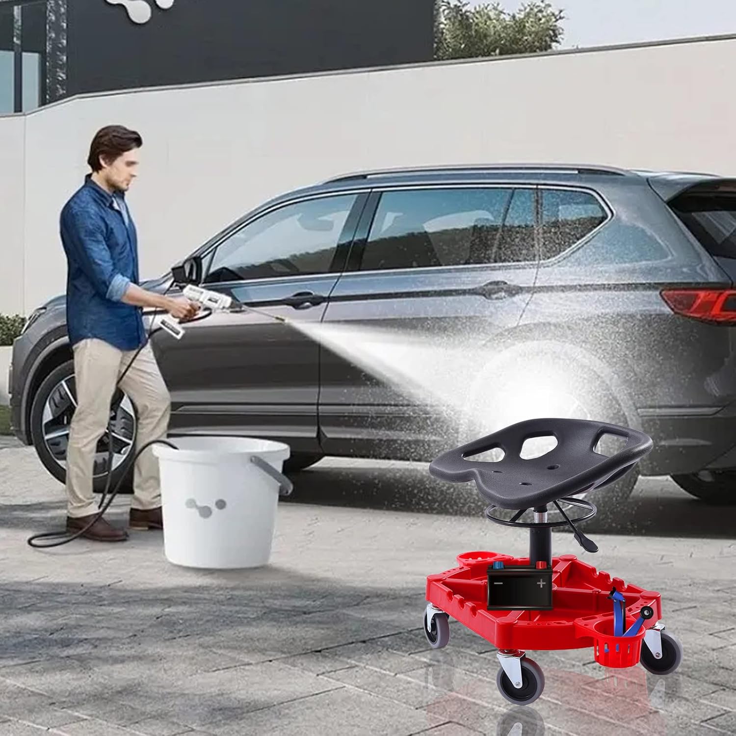 330LBS Capacit Rolling Garage Stool,Adjustable Height Rolling Garage Stool with Tool Tray 360-Degree Swivel Mechanic Stool Seat for Workshop Auto Repair Shop.