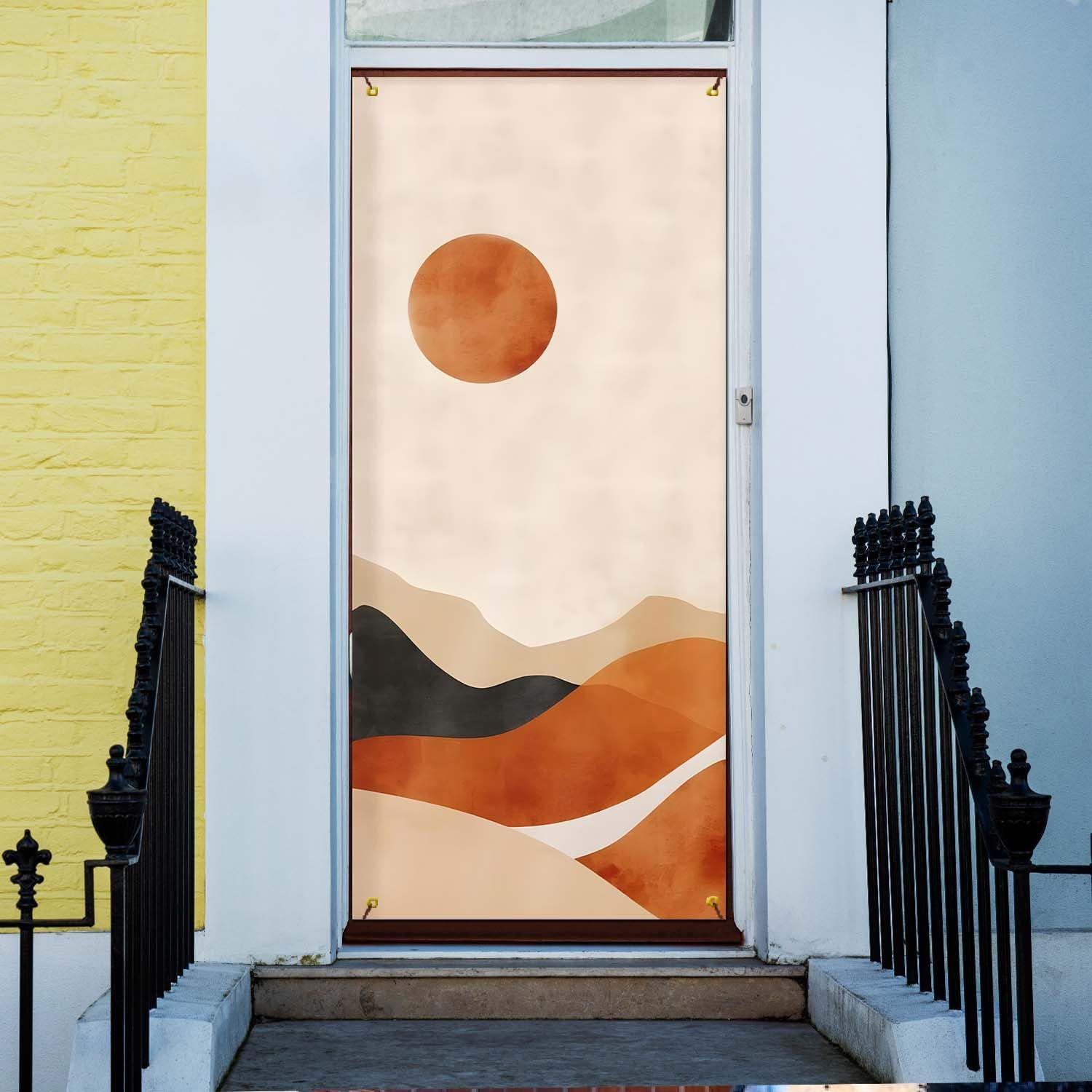Boho Door Cover, Mid Century Modern Boho Sun Mountain Doorway Curtain, 35 * 79 Inch, Tie Top, Unlined, Indoor and Outdoor, Hallway Decor