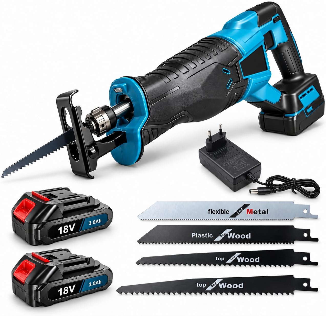 Akku Säbelsäge mit 2 x 3,0Ah Akkus und Schnellladegerät, 3500 RPM