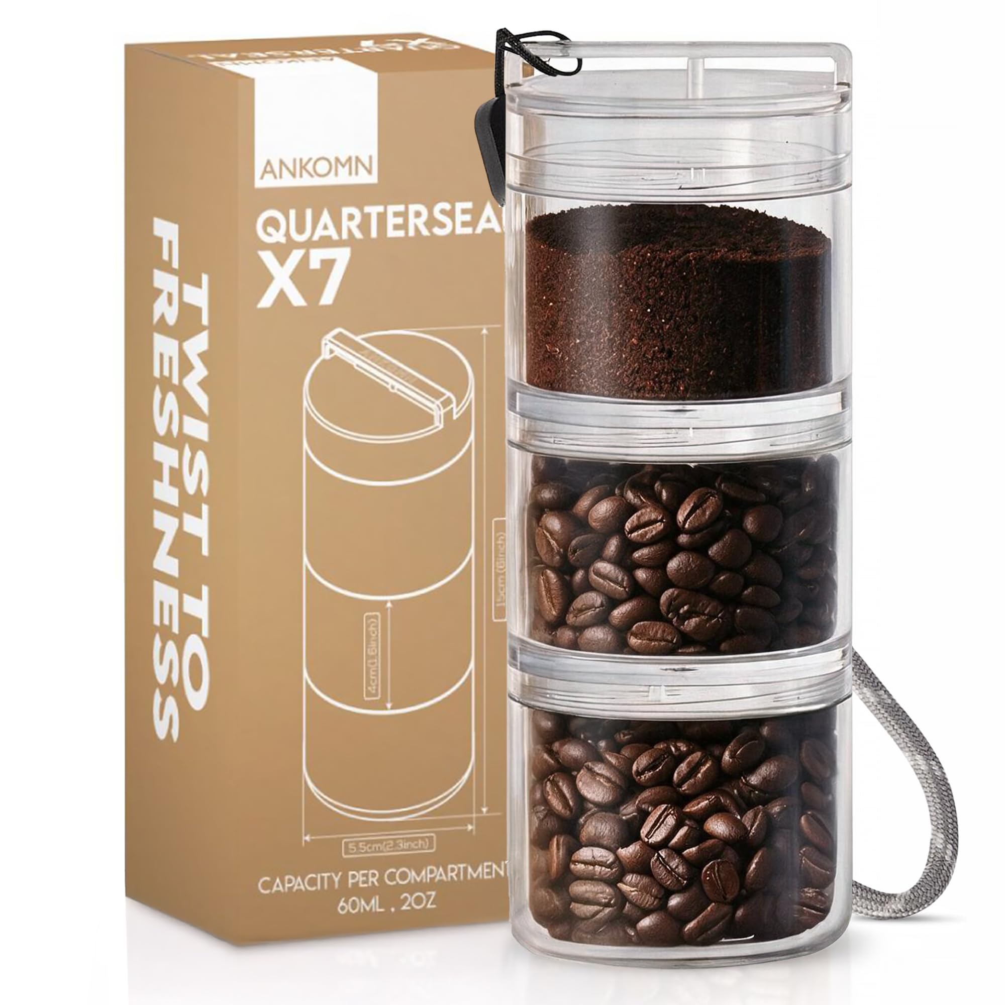 ANKOMN QuarterSeal X7 Airtight Modular Coffee Canister – Single Dose Coffee Bean Storage &amp; Travel Coffee Container - with UV-Protection for Backpacking or Camping - On-the-Go Coffee Accessories