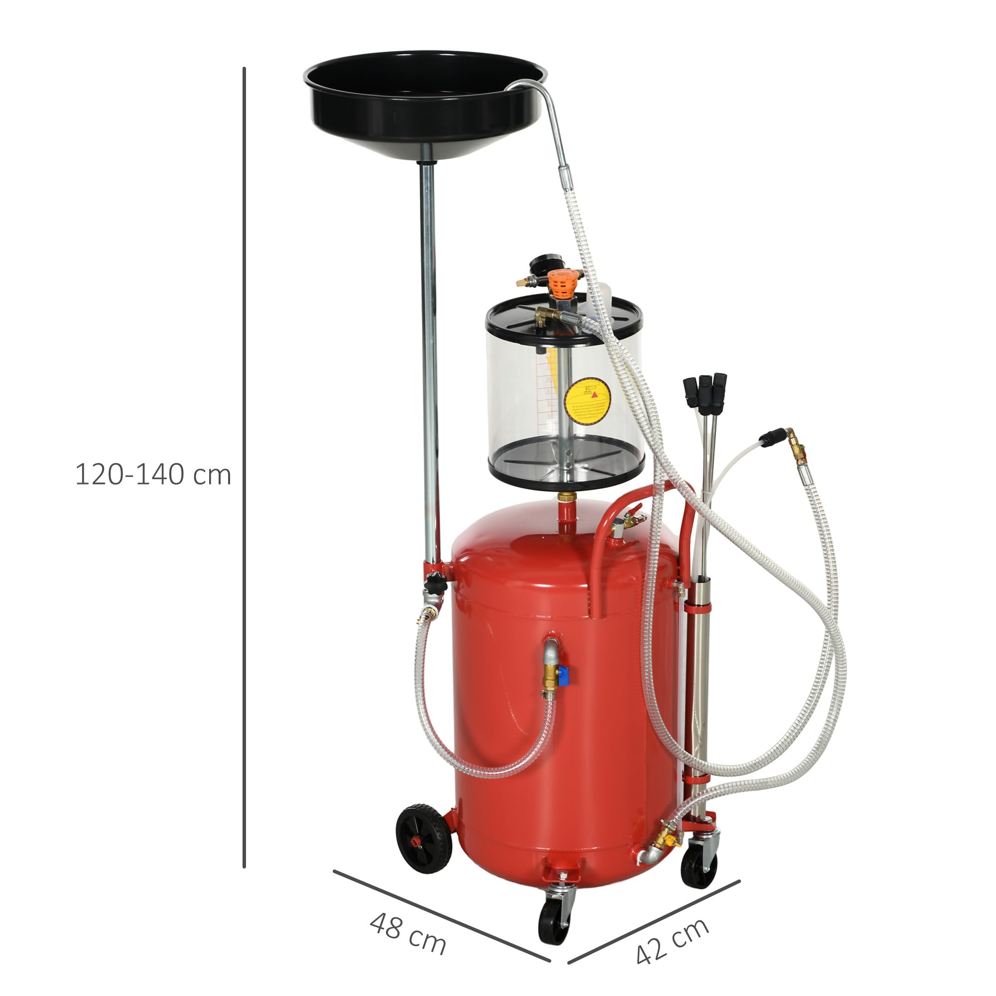 DURHAND - Recuperador de aceite de drenaje de aceite usado portátil 2 en 1, equipado con ruedas, altura ajustable y drenador de aceite neumático de 80 L, color rojo