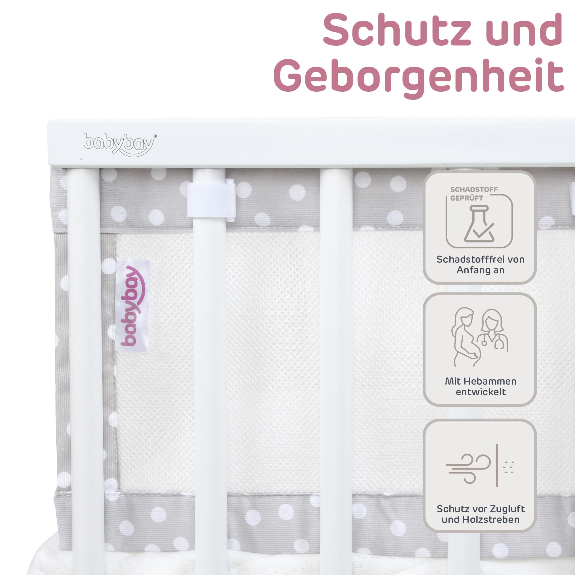 babybay Ochraniacz 3D z siateczki mesh pasuje do modelu Maxi, Boxspring, Comfort i Comfort Plus, perłowo-szare kropki, białe