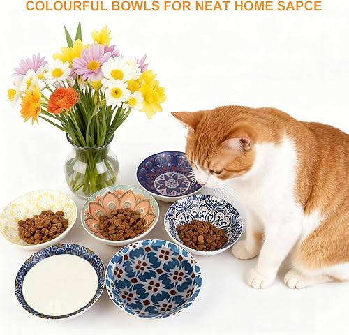 Miniatura 5 de Cuencos de cerámica para gatos, paquete de 6 cuencos coloridos para gatos, platos antideslizantes para gatos, cuencos anchos para mascotas aptos