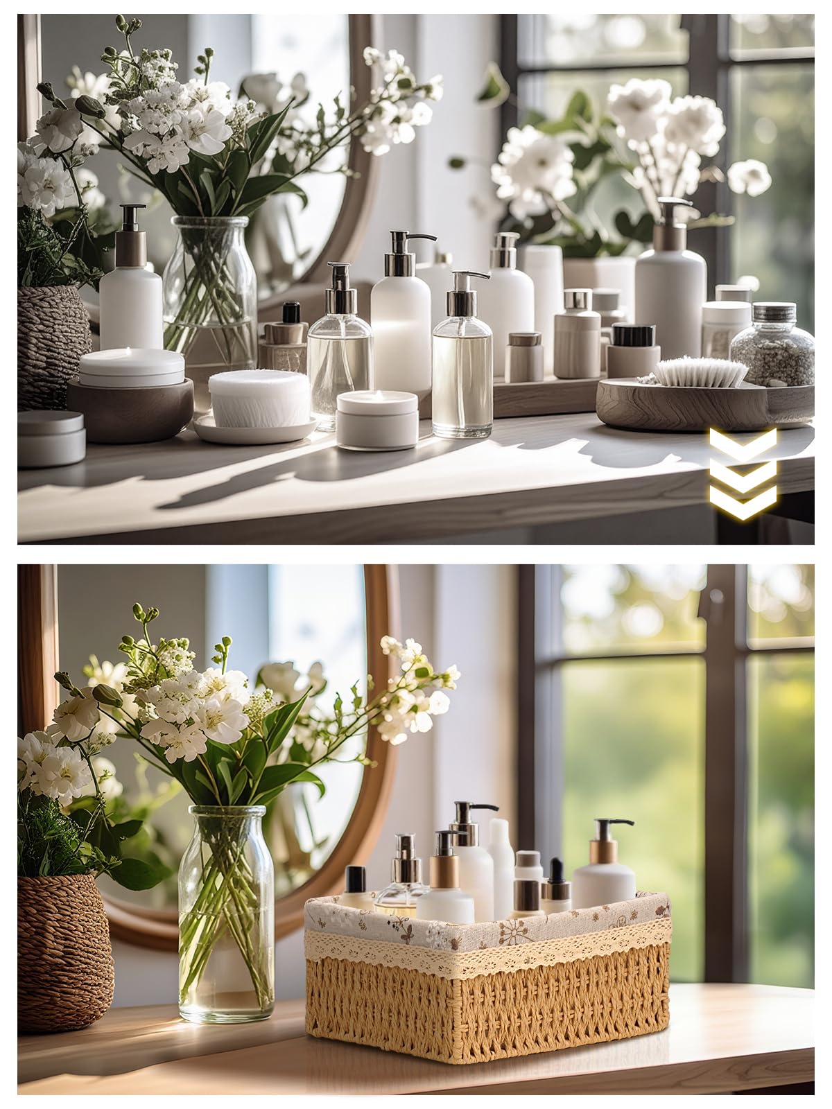 Amaredom Cestini in Vimini Floreali, Set di 3 Cestini Portaoggetti Intrecciati a Mano di Diverse Dimensioni, Perfetti per Organizzare, Riporre e Decorare la Casa - Beige