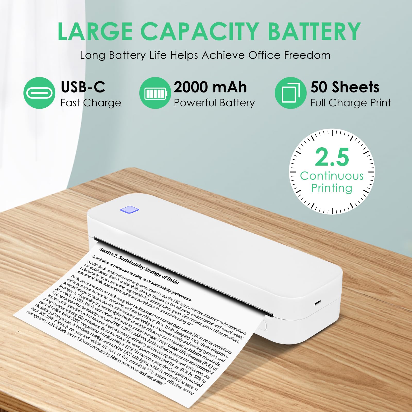 Imprimante Portable Bluetooth Thermique A4 210x297mm Compatible Android iOS Blanc