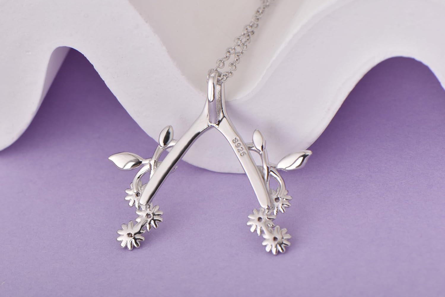 Sterling Silver Dainty Ring 18K White Gold Plated Necklace Holder Daisy Flower Pendant Leaf Engagement Wedding Ring Keeper Wishbone Pendant Necklace For Nurse Doctor Wife Women Gift Jewelry