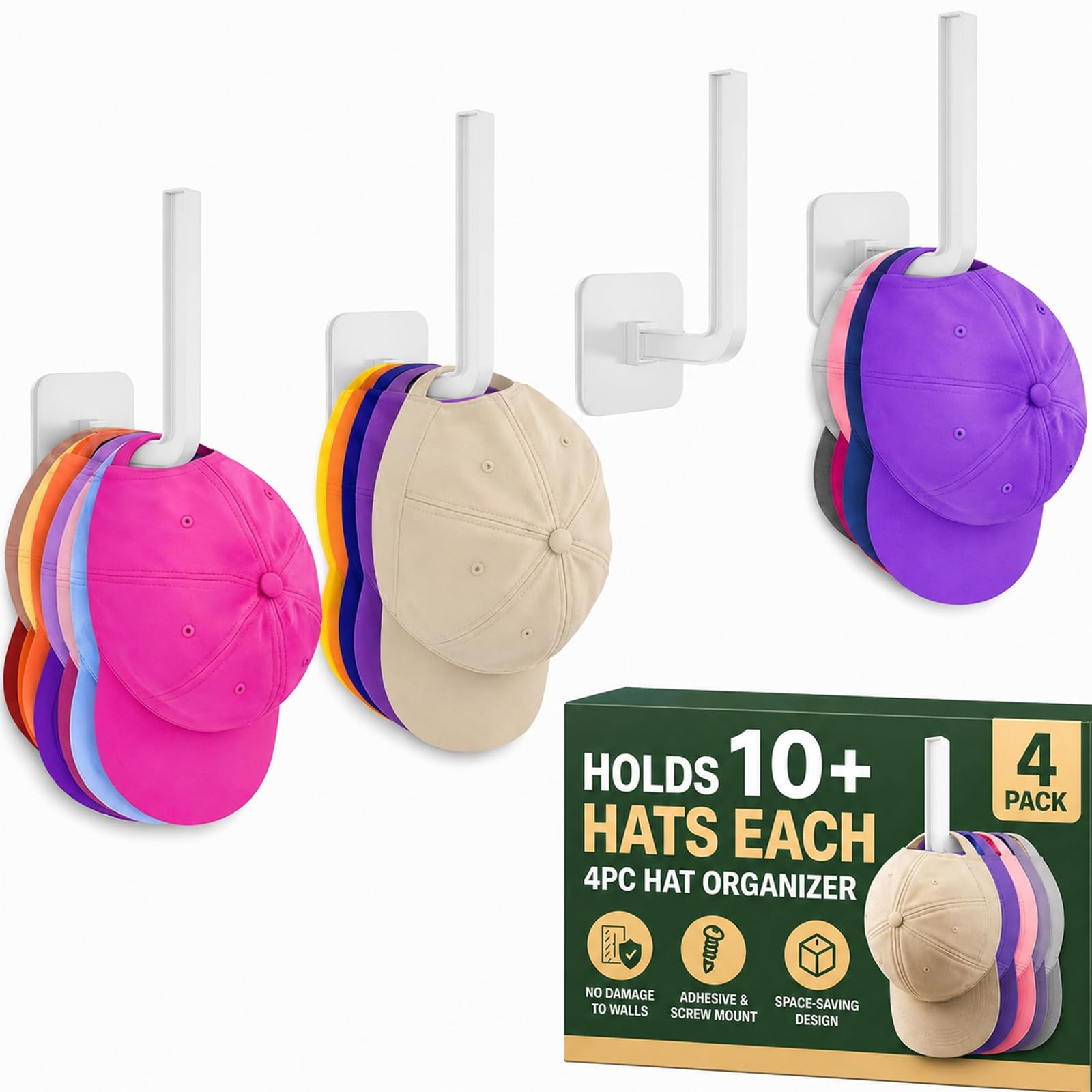 Photo 1 of Hat Organizer 4 Pack, Hat Rack for Baseball Caps Holds 10+ Caps Each, Hat Hooks for Wall, Strong Adhesive & Screw Mount Hat Holder, Space Saving Storage for Closet Door Bedroom, RV Accessories, White