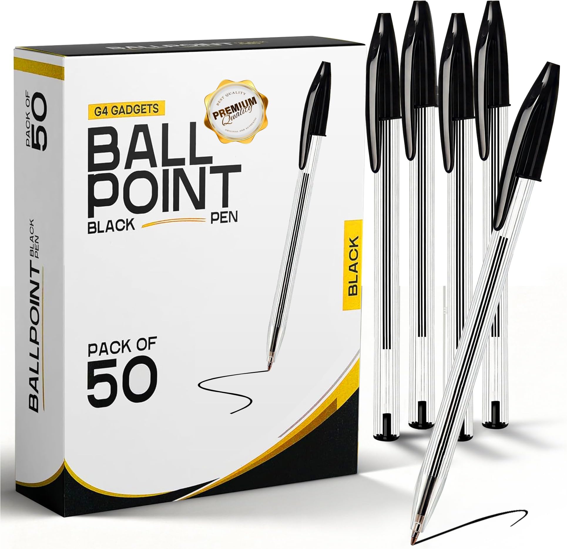 G4GADGET Pack of 50 Black Pens - Medium Tip Fluent Smooth Writing Black Biro Ballpoint Pens