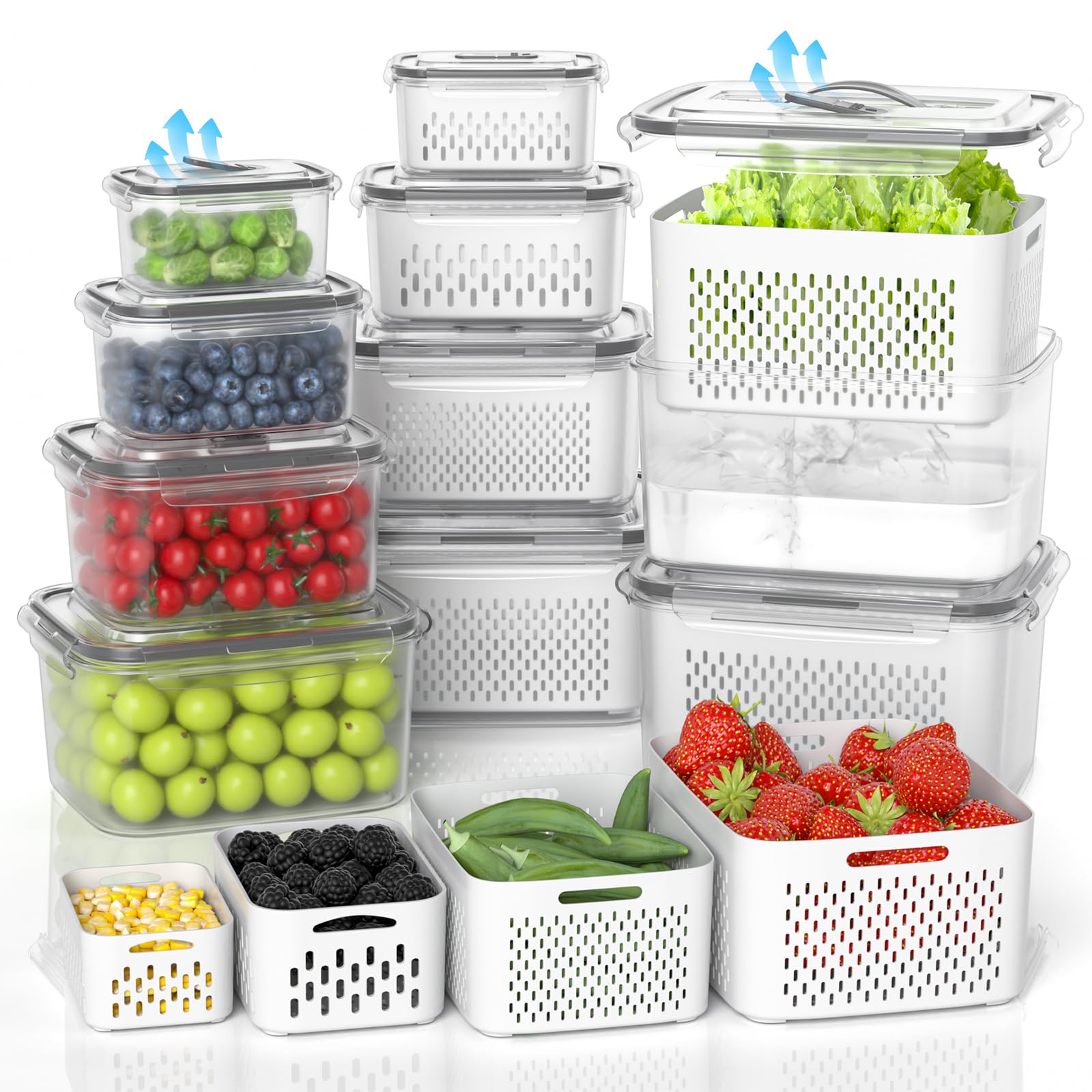Photo 1 of damynuo 10Pack Fruit Storage Containers for Fridge - Berry Containers with Vent and Handle Lids, Fruit Containers for Fridge with Colander, lettuce keeper for Refrigerator Organizers and Storage