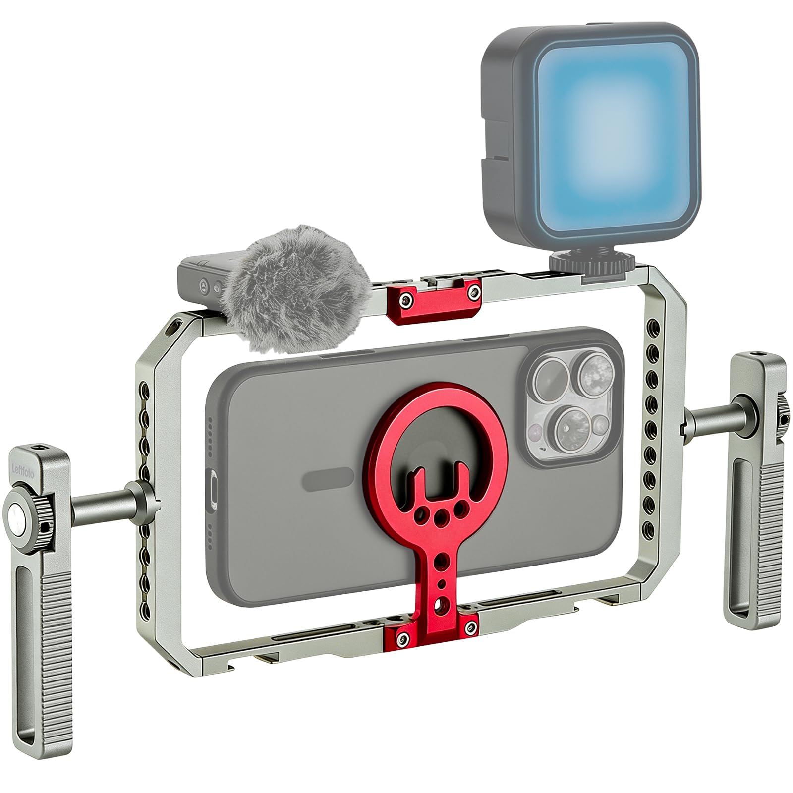 Leftfoto Supporto magnetico in metallo per smartphone con doppia maniglia per iPhone 17 16 15 14 13 12 Pro Max Mini e custodia per Samsung, per vlogging/riprese video