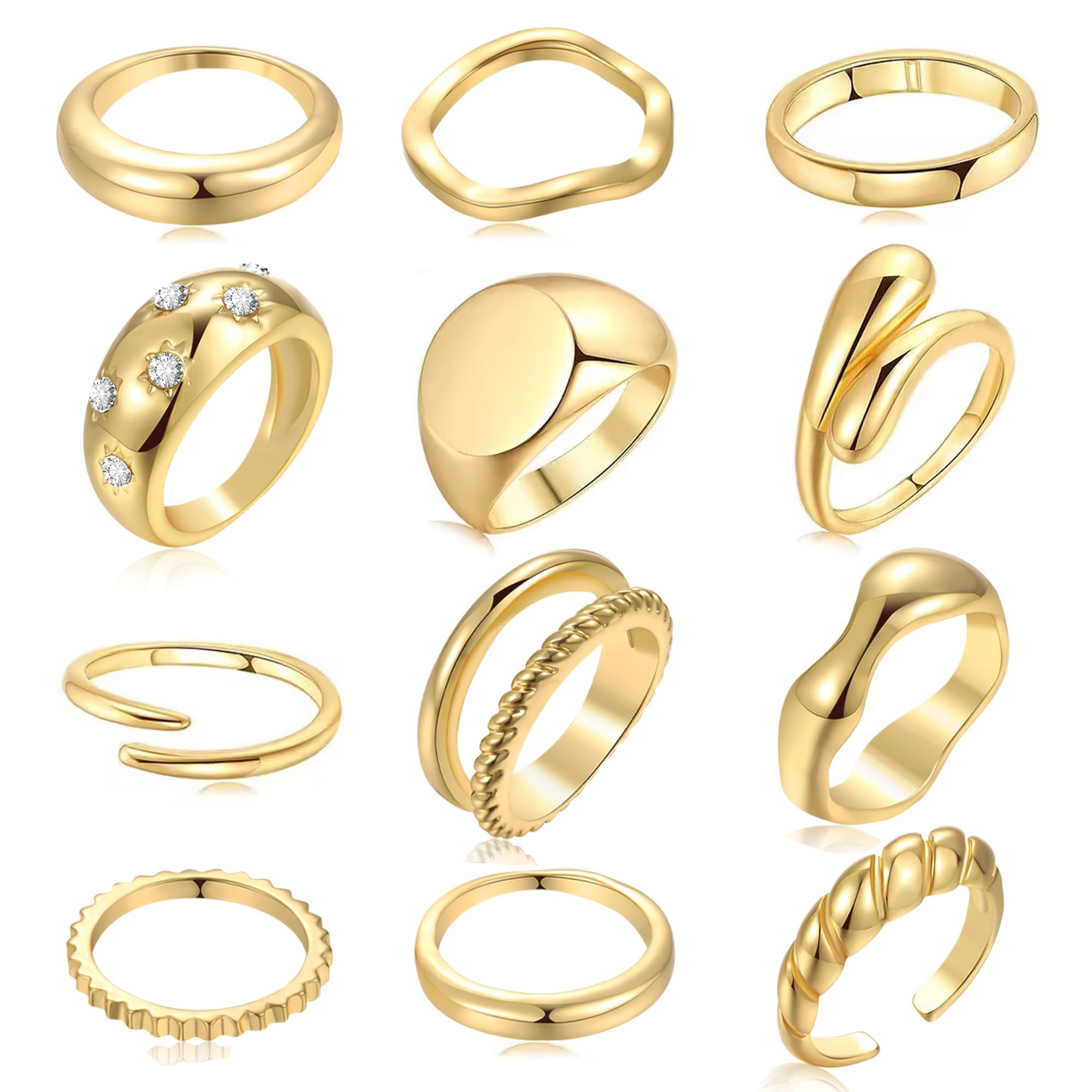 FAXHION 12PCS Gold Stackable Rings Set for Women, 18K Gold Plated Open Stacking Knuckle Ring, Adjustable Chunky Signet Band Statement Ring for Gift