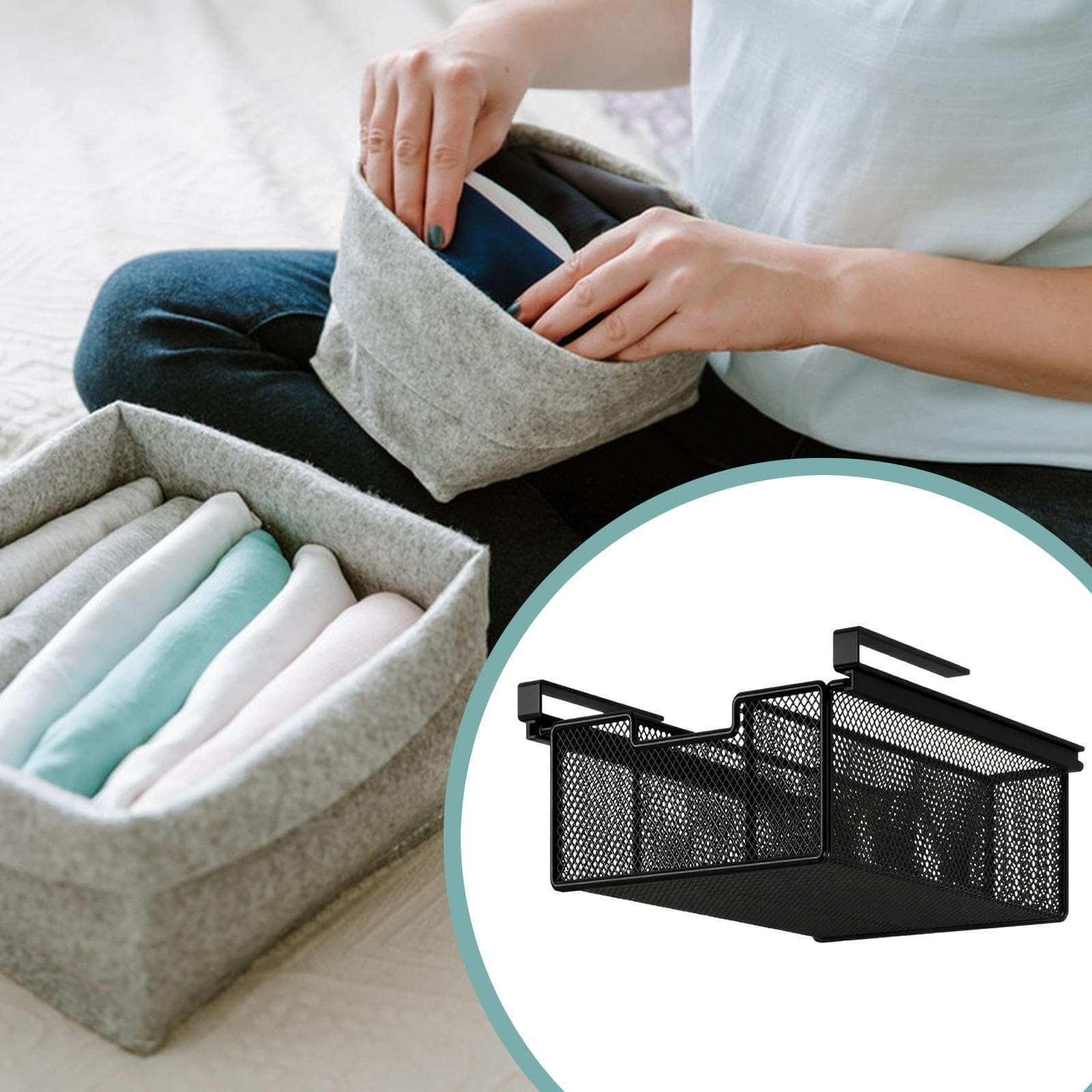 Cesta Deslizante Cajón Extraíble Colgante Organizador de Estantes para Ropa Interior Calcetines Accesorios- Ahorra Espacio en Armarios y Gabinetes​-38x25x12cm,Negro, Individual
