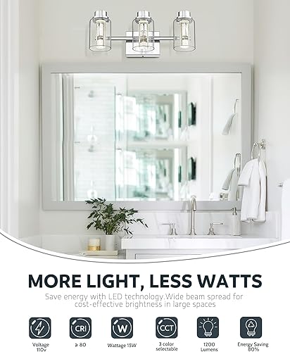 Miniatura 2 de FEMILA Luz LED de tocador de cristal, 3CCT, luces de baño de 18 pulgadas sobre el espejo, 3 luces de tocador de baño, acabado cromado, 4FJF69B