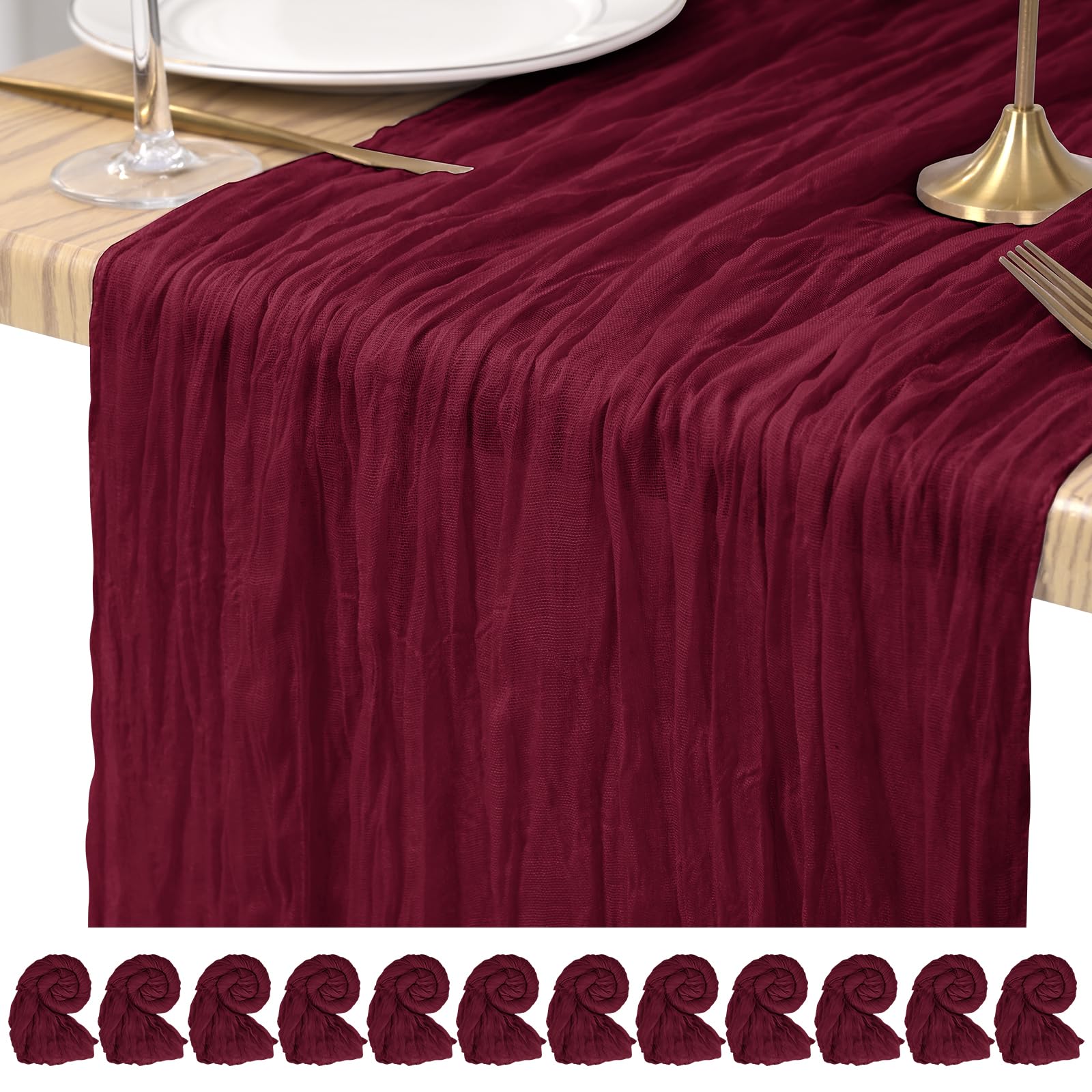 Pesonlook Cheesecloth Table Runner Burgundy, 12 Pack 17.7x108 inch, Long