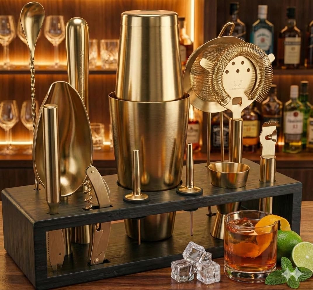 Highball & Chaser Bartender Kit with Black Bamboo Stand Beautiful Cocktail Shaker Set and Bar Tools Stainless Steel Boston Shaker Bartender Kit with Stand (Antique Gold)