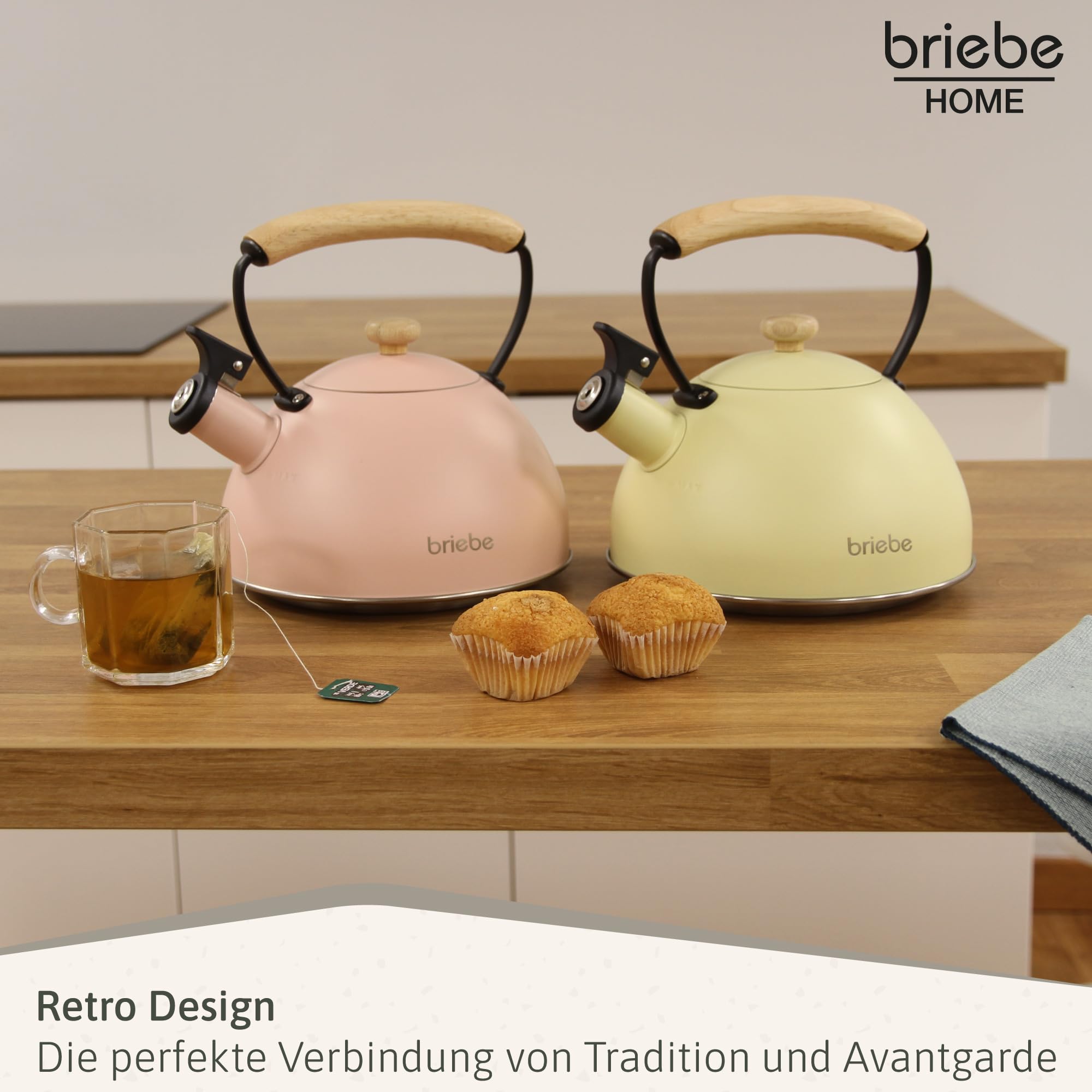 briebe Retro Wasserkessel Induktion 2,3L, Flötenkessel, Edelstahl Teekessel Vintage Design, Alle Herdarten, GlasKeramikherd, Gas, Elektroherd, Holzgriff Cool-Touch, für Tee Kaffee, Tea pot, Rosa
