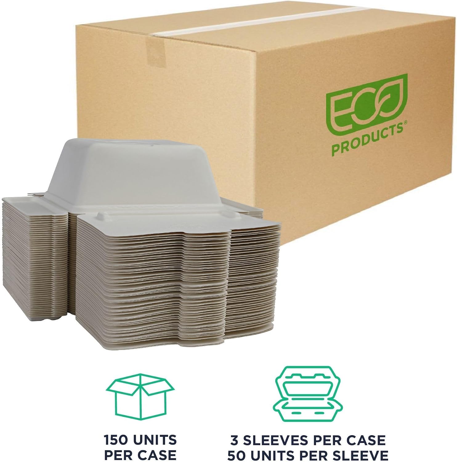 ECO PRODUCTS Compostable 84oz One-Piece To Go Containers, Case of 150, 9"x7.5"x3.5" Vanguard Folia Innovative Container, Disposable Renewable White Molded Fiber, No PFAS, ASTM, BPI-Certified
