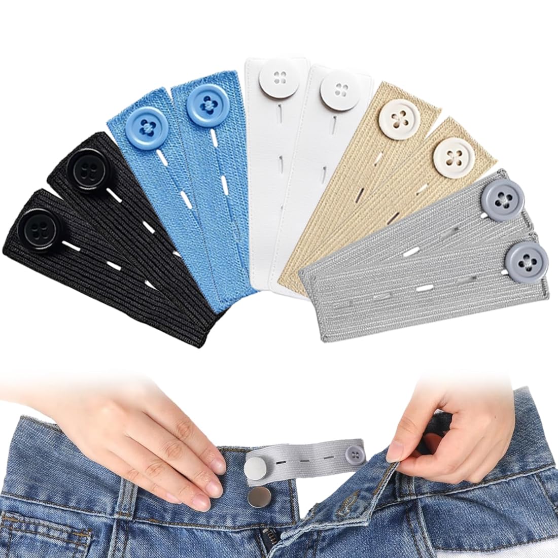 10 PCS Set de Extensores de Cintura - Extensión Elástica de Botón para Jeans y Pantalones, Ajustable para Mujeres y Hombres (2.4 x 8.3 cm)