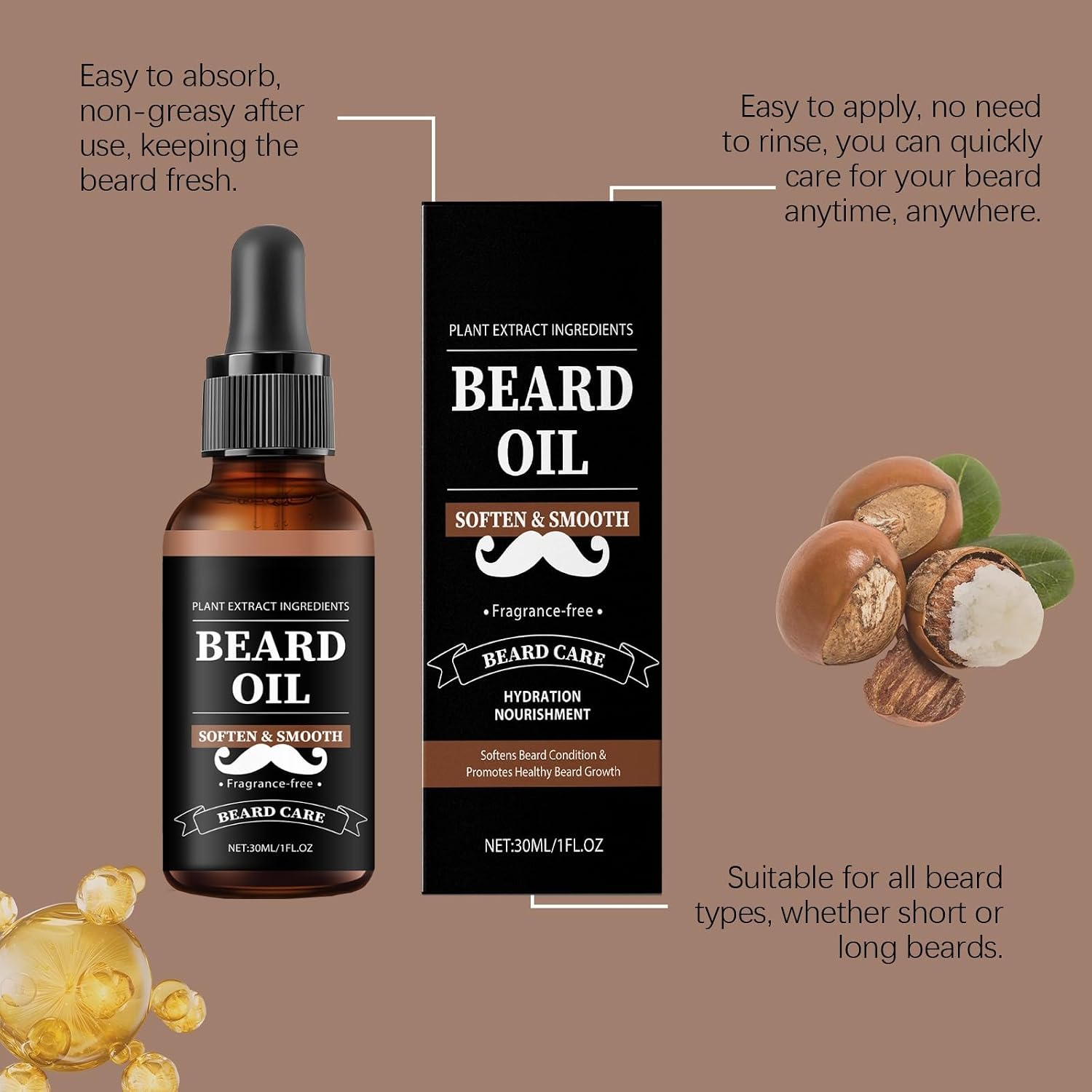 Unscented Beard Oil for Men Nourishing & Strengthening Formula with Jojoba & Argan Oil-Softens, Non-Greasy, Reduces Itch, Fights Frizz, 1 fl oz,2 Pack