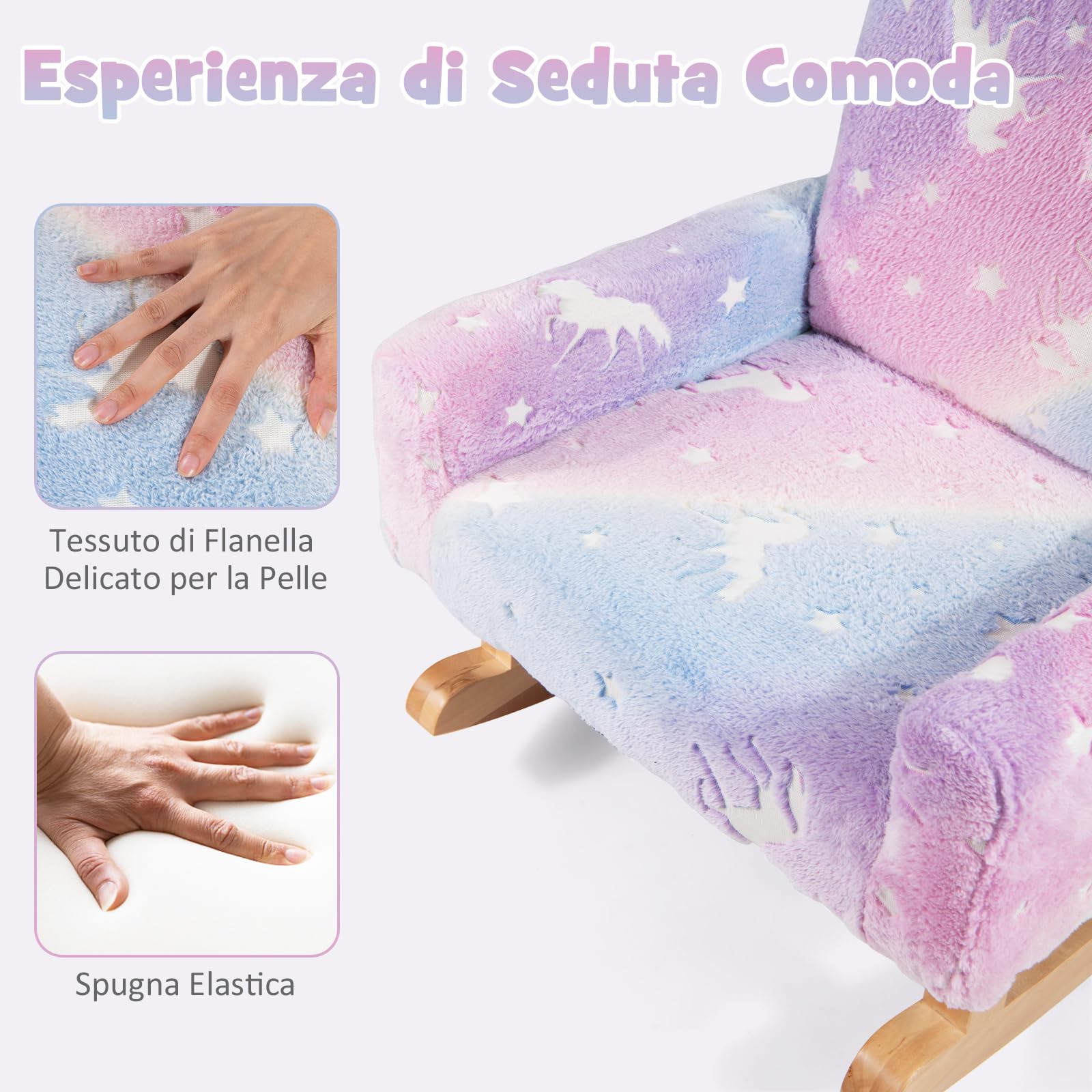 COSTWAY Sedia Dondolo per Bambini da 3 a 5 Anni, Poltrona in Flanella con Piedi a Dondolo in Legno, Motivi che si Illuminano al Buio,56 x 49 x 50 cm, Blu e Viola