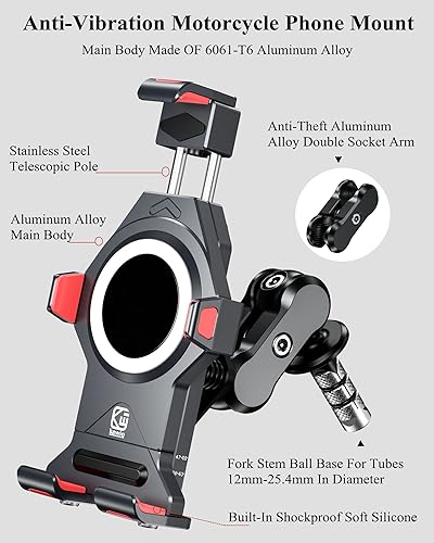 Miniatura 4 de BRCOVAN Soporte de teléfono para horquilla de motocicleta con amortiguador de vibraciones y bloqueo seguro de alta velocidad, antirrobo, aleación de